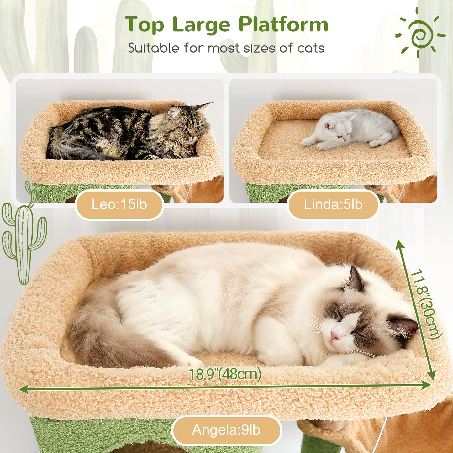 Globlazer Corner Cactus Cat Tree 66 inch Multi-Level Cactus Climbing Tower Kitty Condos Cat Scratching Tower for Indoor Multiple Cats with Large Platform, 3 Cat Caves, F66, Green