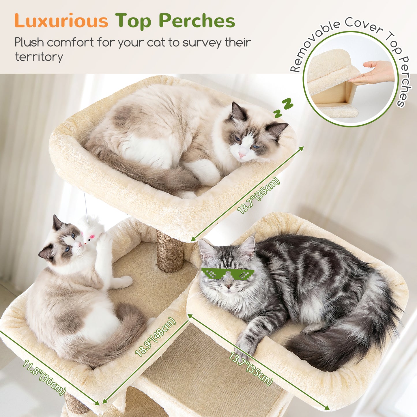 Globlazer Heavy Duty Cat Tree, 73inch Sturdy Cat Tower with Scratching Post for Indoor multiple Cats, Maine Coon Cat Tree with 3 Cat Perch, Basket, 2 Cat Condo for Adult Cats Kittens, F73C, Beige