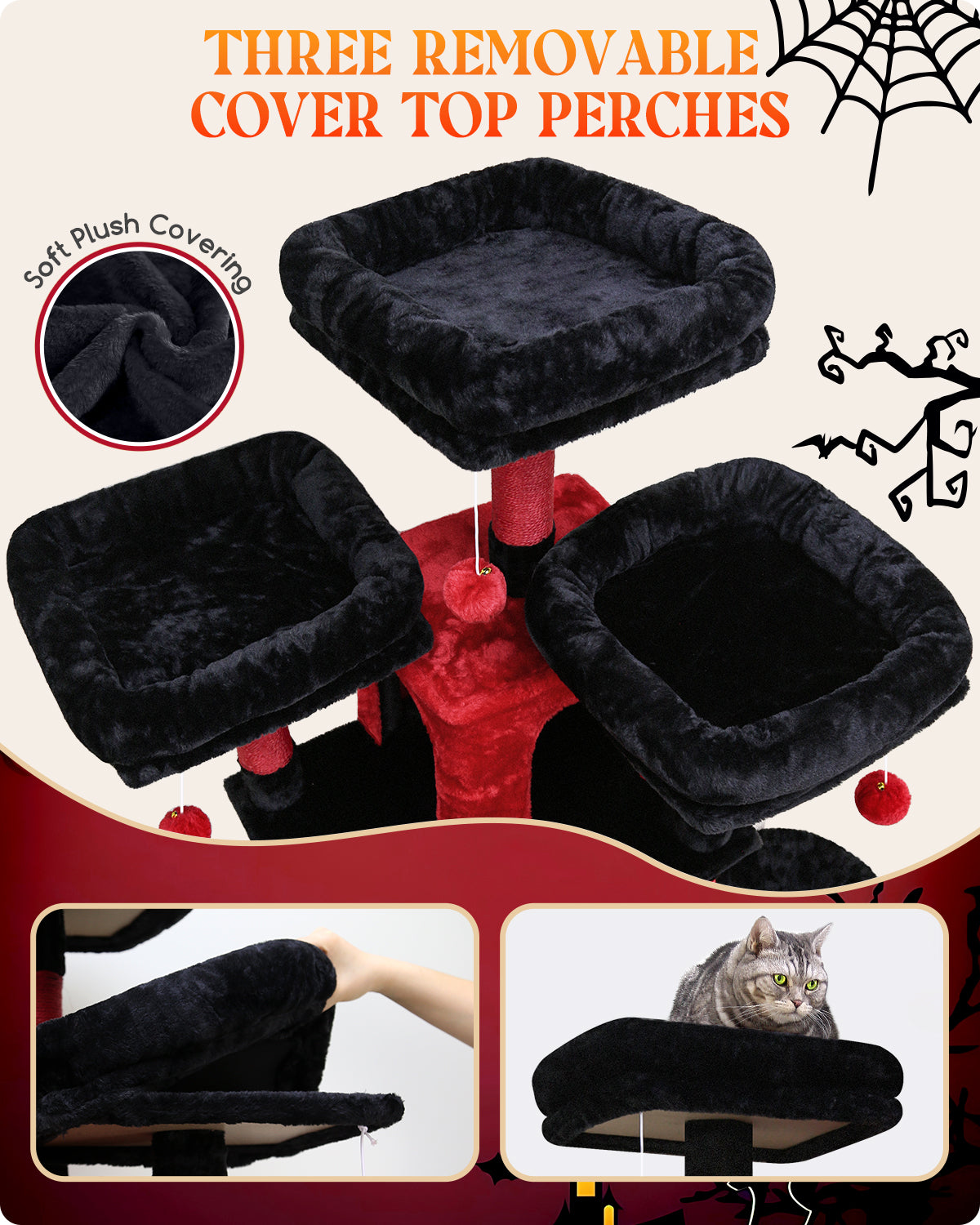 Globlazer Gothic Cat Tree, 80inch Goth Cat Tower for Indoor Cats Multiple Adult Cats XXL Cat Tree Large Cat Tower with Scratching Post, Hammock, 3 Perches, 2 Condos, 2 Hanging Basket, F80, Black Red