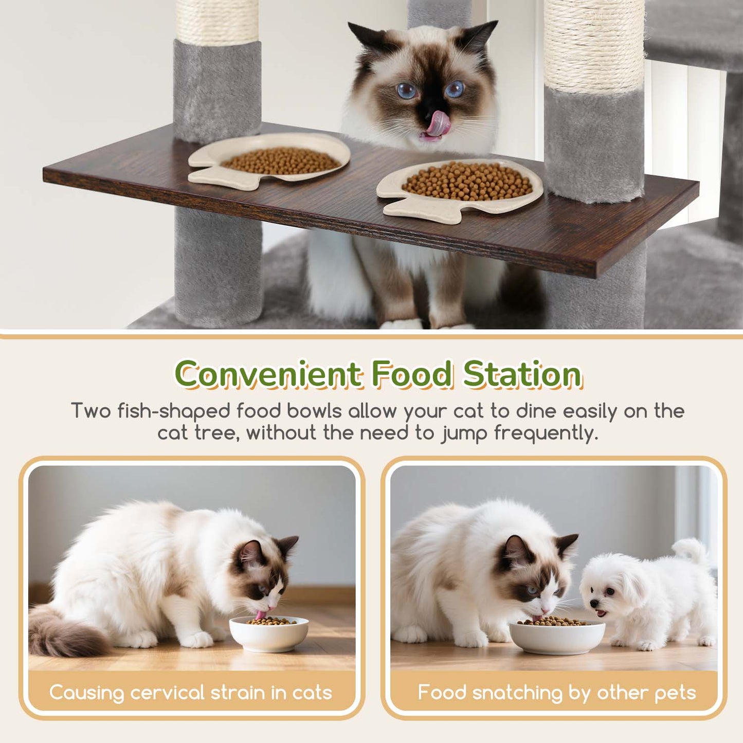 Globlazer Large Cat Tree Tower for Multiple Indoor Cats with Food Station, 77in Extra Tall Sturdy Cat Tree Tower for Large Cat with 6 Scratching Posts, 2 Cozy Condos, 2 Plush Perches, F77B, Light Grey