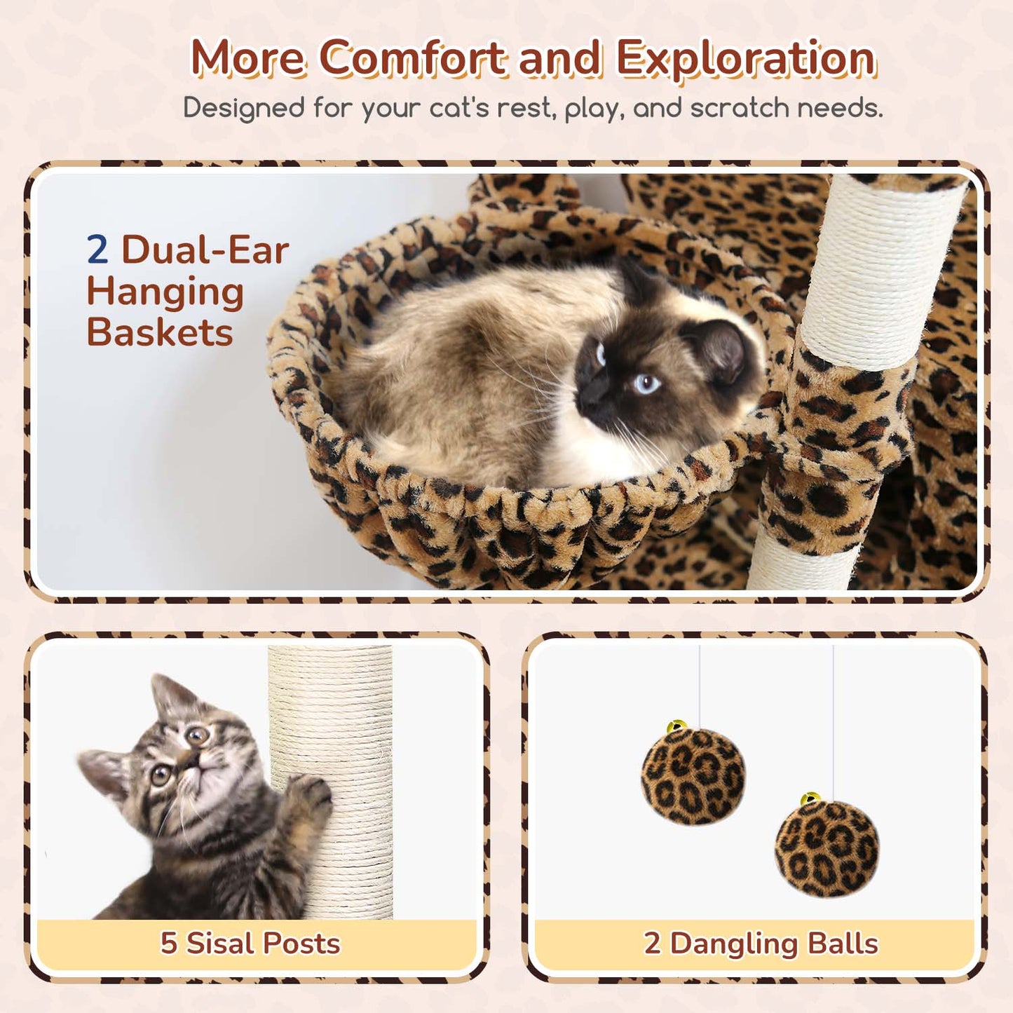Globlazer S74 Heavy Duty Cat Tree, 74inch Sturdy Cat Tower for Large Cats Adult, Big Cat Tree with 5 Sisal Scratching Posts, 2 Padded Cat Condos, 2 Hanging Baskets, Enlarged Top Perch, Leopard Print