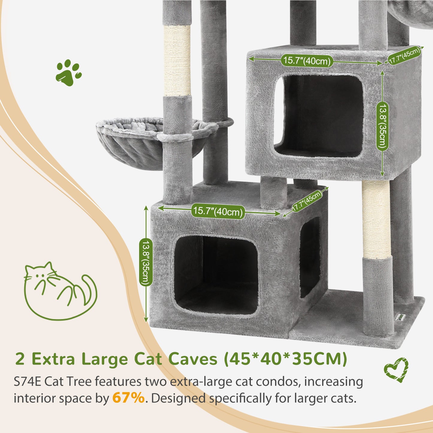 Globlazer 74In Sturdy Cat Tree for Large Cats, Heavy Duty Multi-Level Tall Cat Tree Tower for Multiple Indoor Adult Cats with Scratching Posts, 2 Cat Condos, 2 Top Perches, S74E, Light Grey