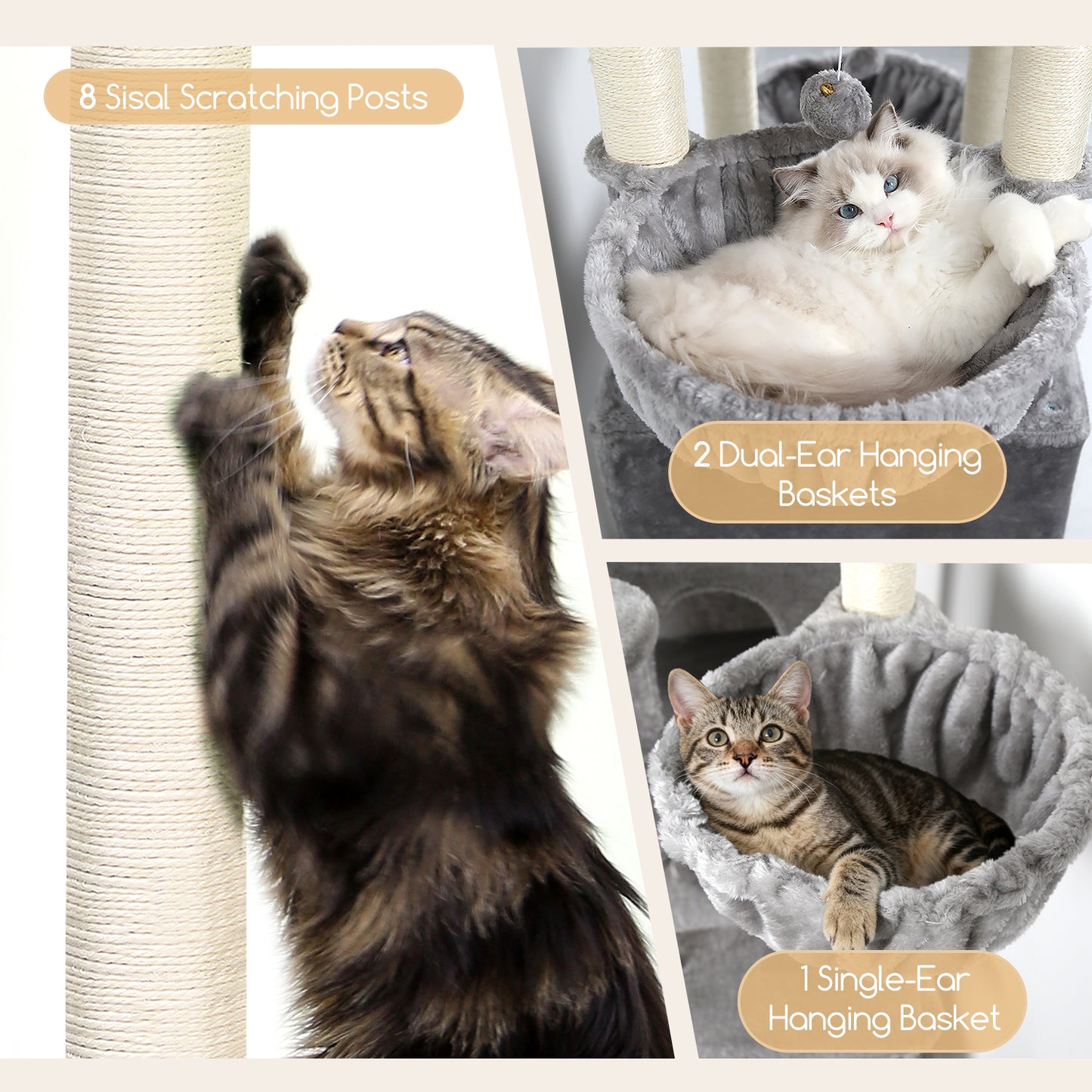 Globlazer Extra Large Cat Tree Tower, 82in Tall Heavy Duty Cat Tree for Indoor Cats Large Adult Big Cat Tower with 8 Scratching Posts, 2 Cat Condos, 2 Top Perches, 3 Hanging Baskets, S82, Light Grey