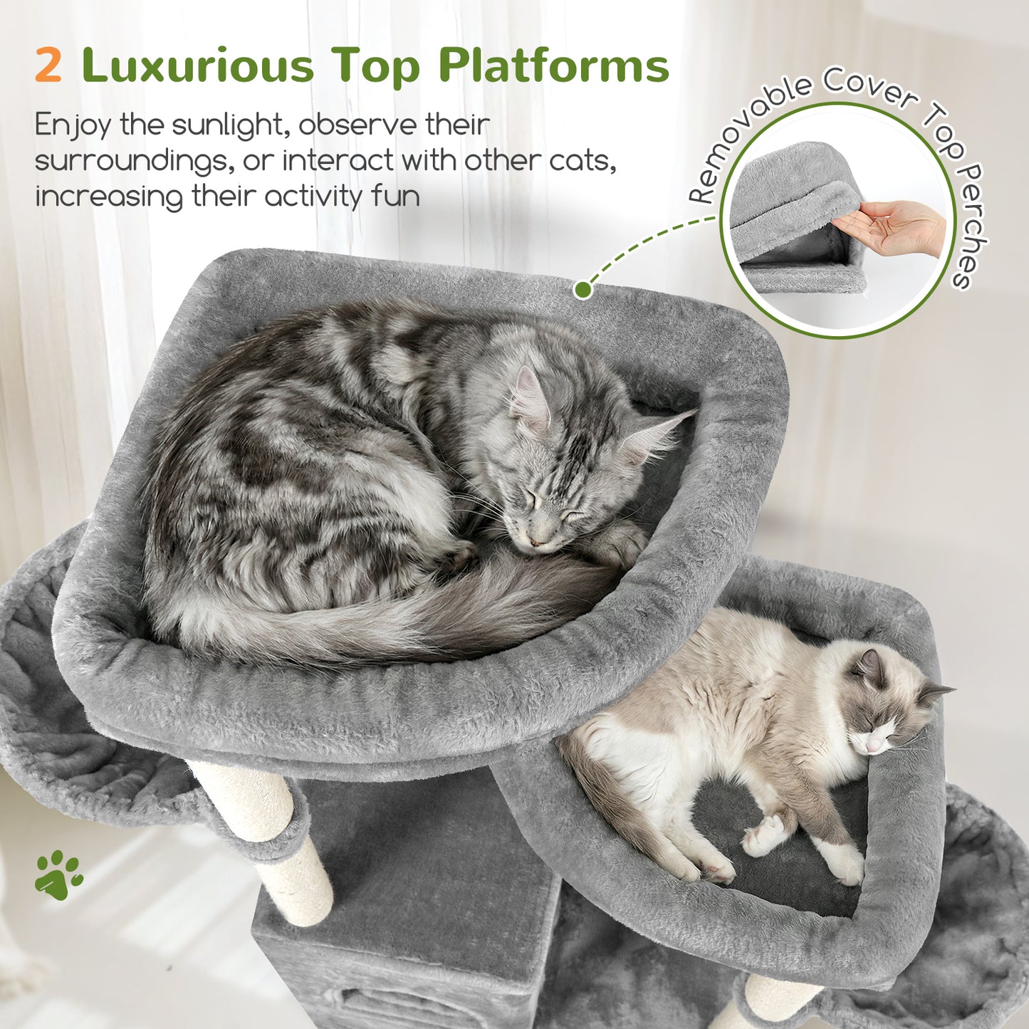 Globlazer Cat Tree Tower for Indoor Cats, 63 inch Sturdy Adult Cat Tree House for Large Adult Cats with 2 Platform, 6 Cat Scratching Post, 2 Cat Caves, Dangling Toys, S63, Light Grey