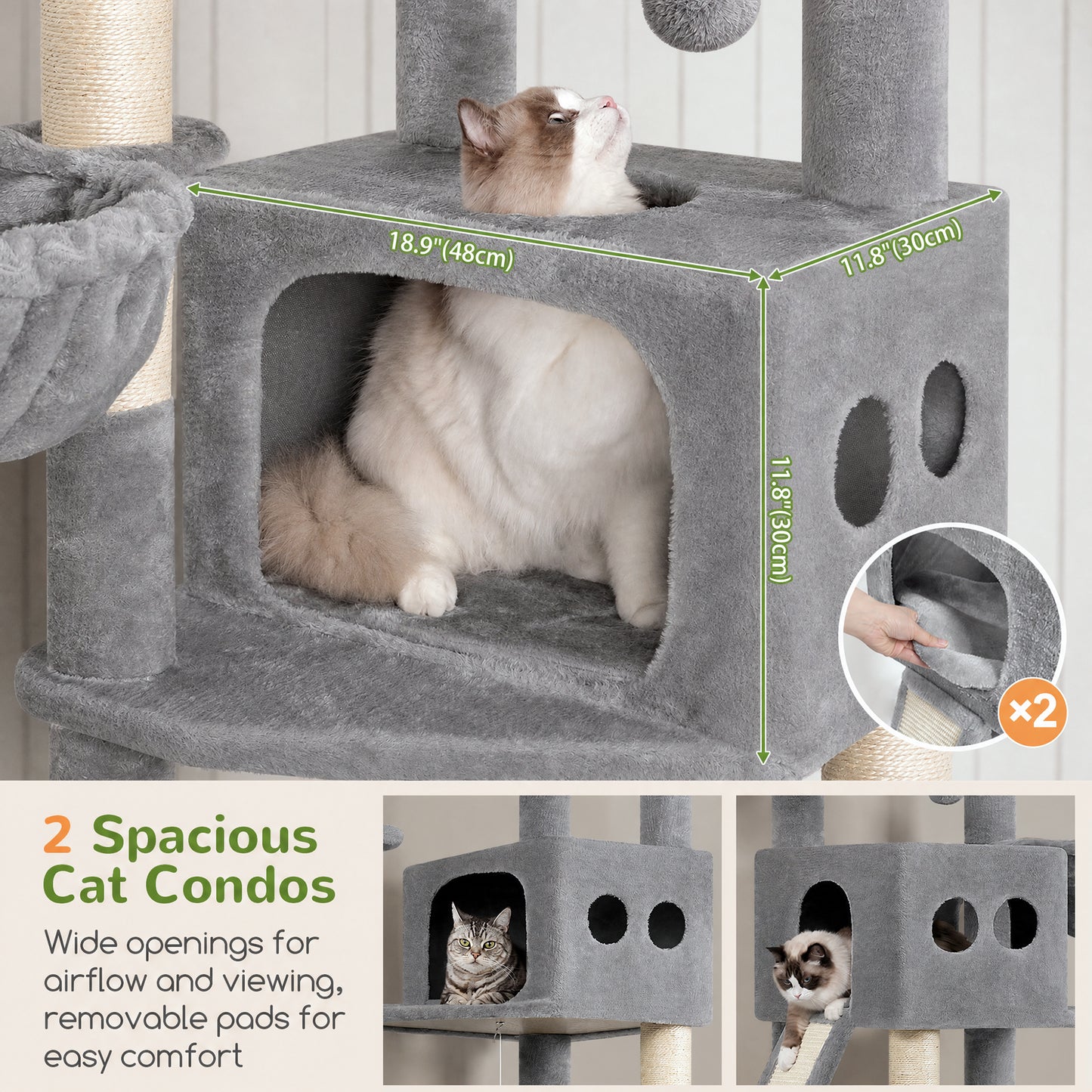 Globlazer 74in Tall Cat Tree for Indoor Cats Large Adult, Sturdy Heavy Duty Cat Tree Tower with 7 Scratching Posts for Multiple Cats, 2 Spacious Condos, 2 Hanging Baskets, S74G, Light Grey