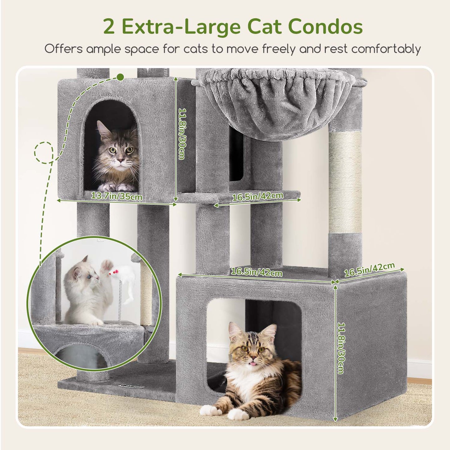 Globlazer Heavy Duty Cat Tree Tower for Indoor Cats, 68 inch Multi-Level Sturdy Cat Tree Tower for Large Cat Adult with 2 Oversized Condos, 2 Enlarged Perches, 2 Big Hanging Baskets, F68, Light Grey