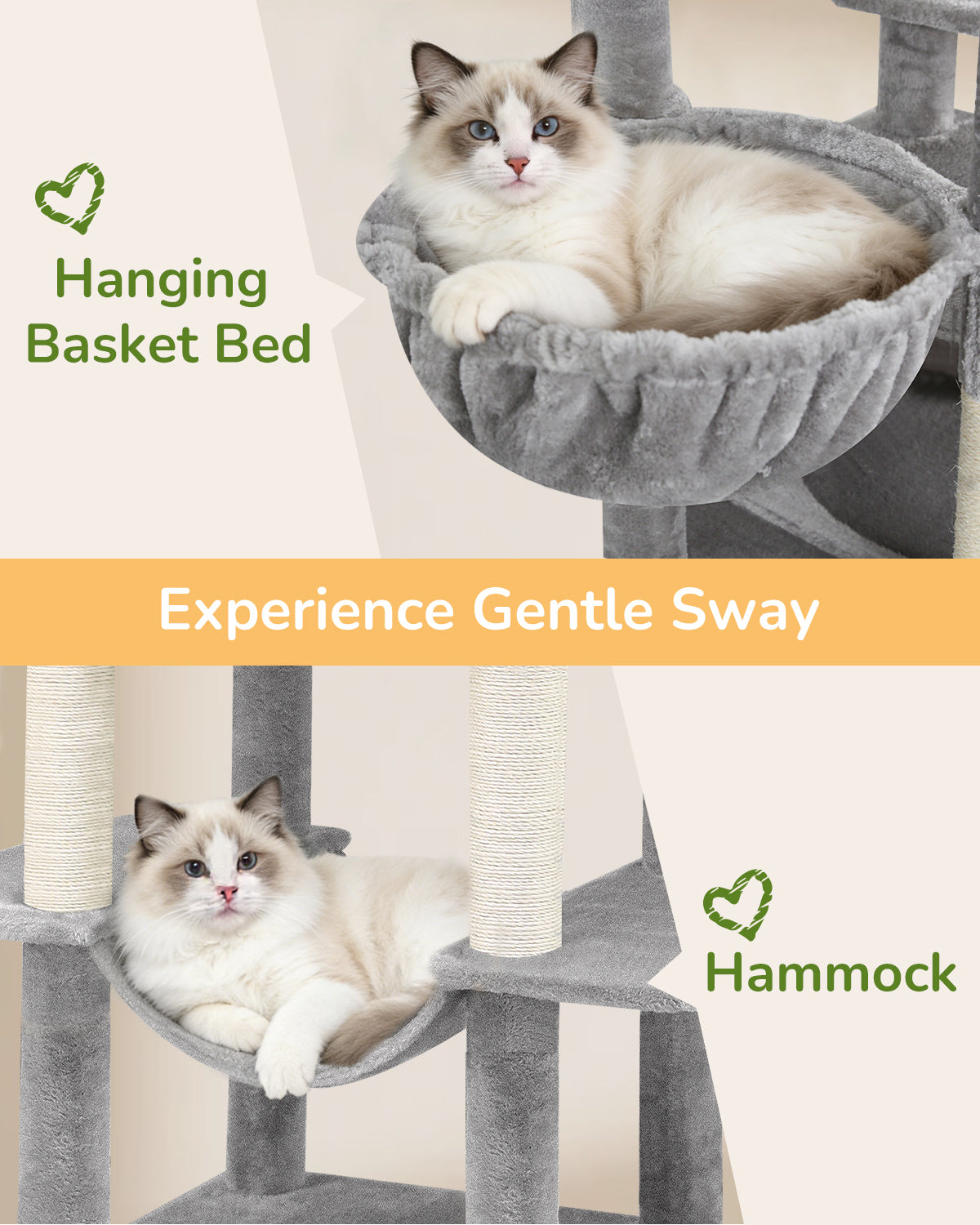 Globlazer Heavy Duty Cat Tree Tower 80in Tall Extra Large Cat Tree Tower for Multiple Indoor Cats Large Adult with  Scratching Posts, 2 Spacious Condos, Padded Perches, Soft Hammock, S80B, Light Grey