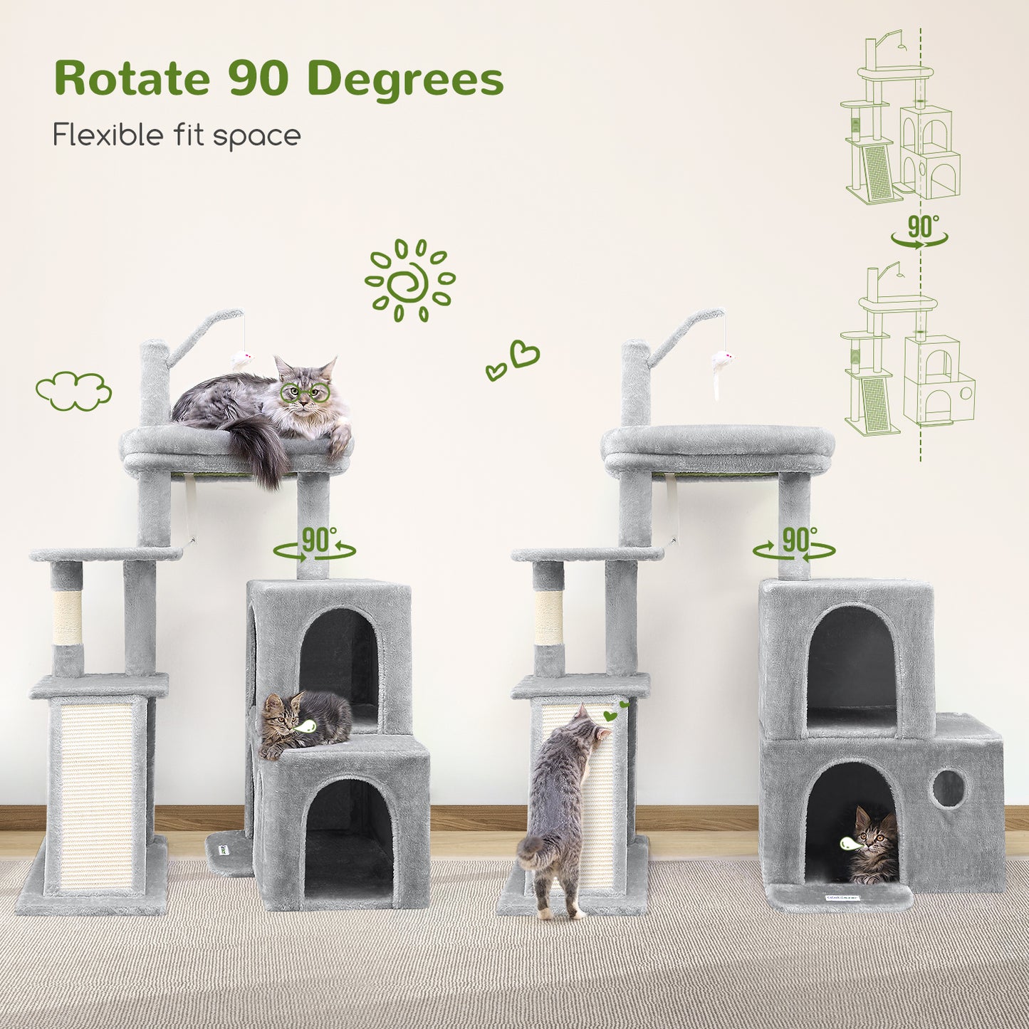 Globlazer F50 Cat Tower for Indoor Cats, 50-inch Heavy Duty Cat Tree for Big Cats, Cat Tree House with Extra-Large Padded Platform, Sisal Scratching Board, 2 Large Condos, Cloud Grey