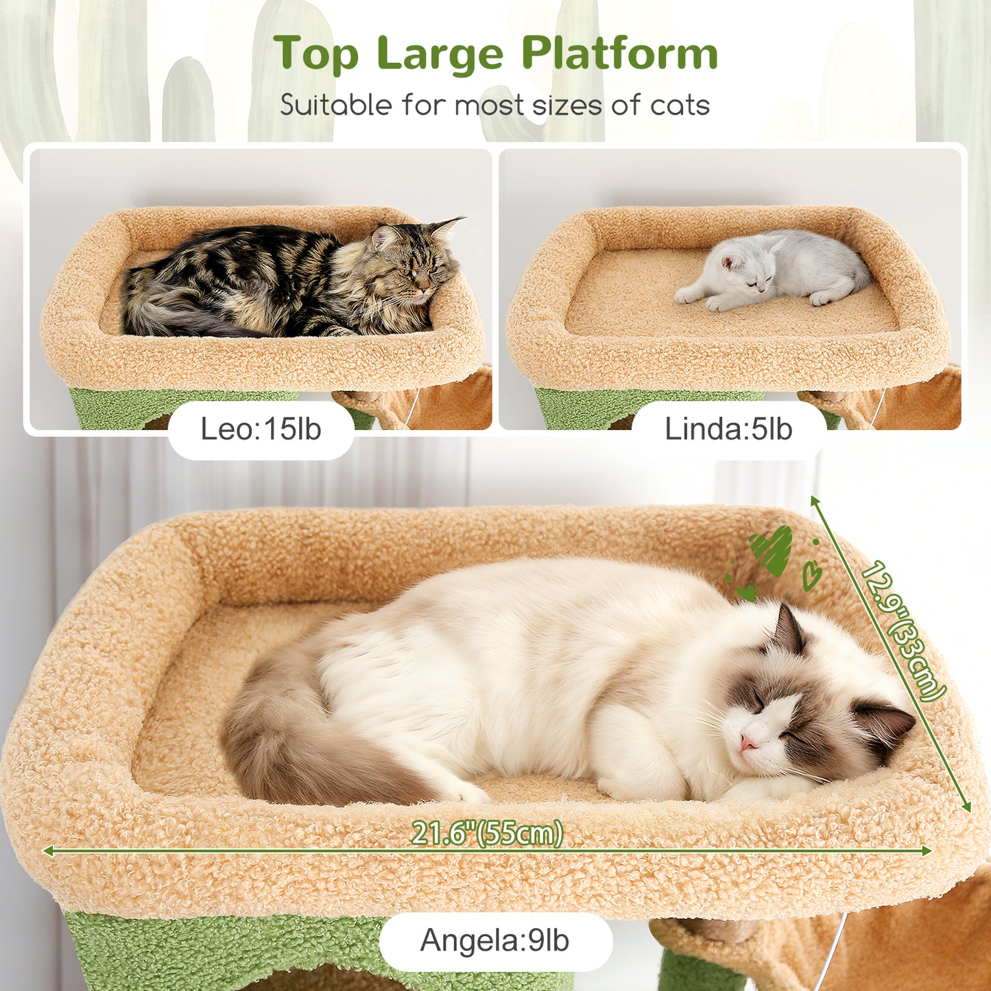 Globlazer Large Cat Tree 80 inch Multi-Level Cactus Climbing Tower Kitty Condos Cat Scratching Tower for Indoor Multiple Adult Cats with Large Platform, 3 Cat Caves, 3 Hanging Baskets, F80F, Green