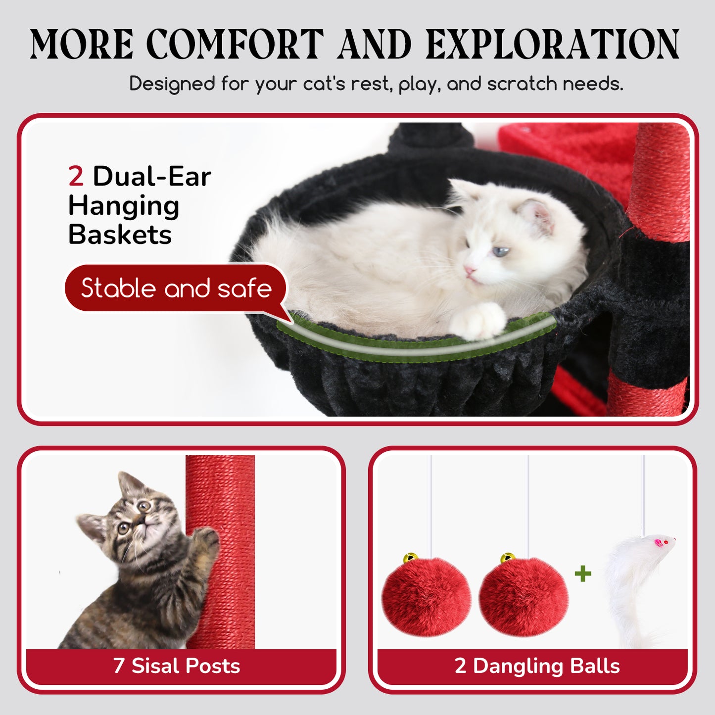 Globlazer Gothic Heavy Duty Cat Tree, 74in Sturdy Goth Cat Tower for Large Cats Adult Big Cat Tree with 7 Scratching Posts, 2 Padded Spacious Condos, 2 Hanging Baskets, Enlarged Perch, S74, Red Black