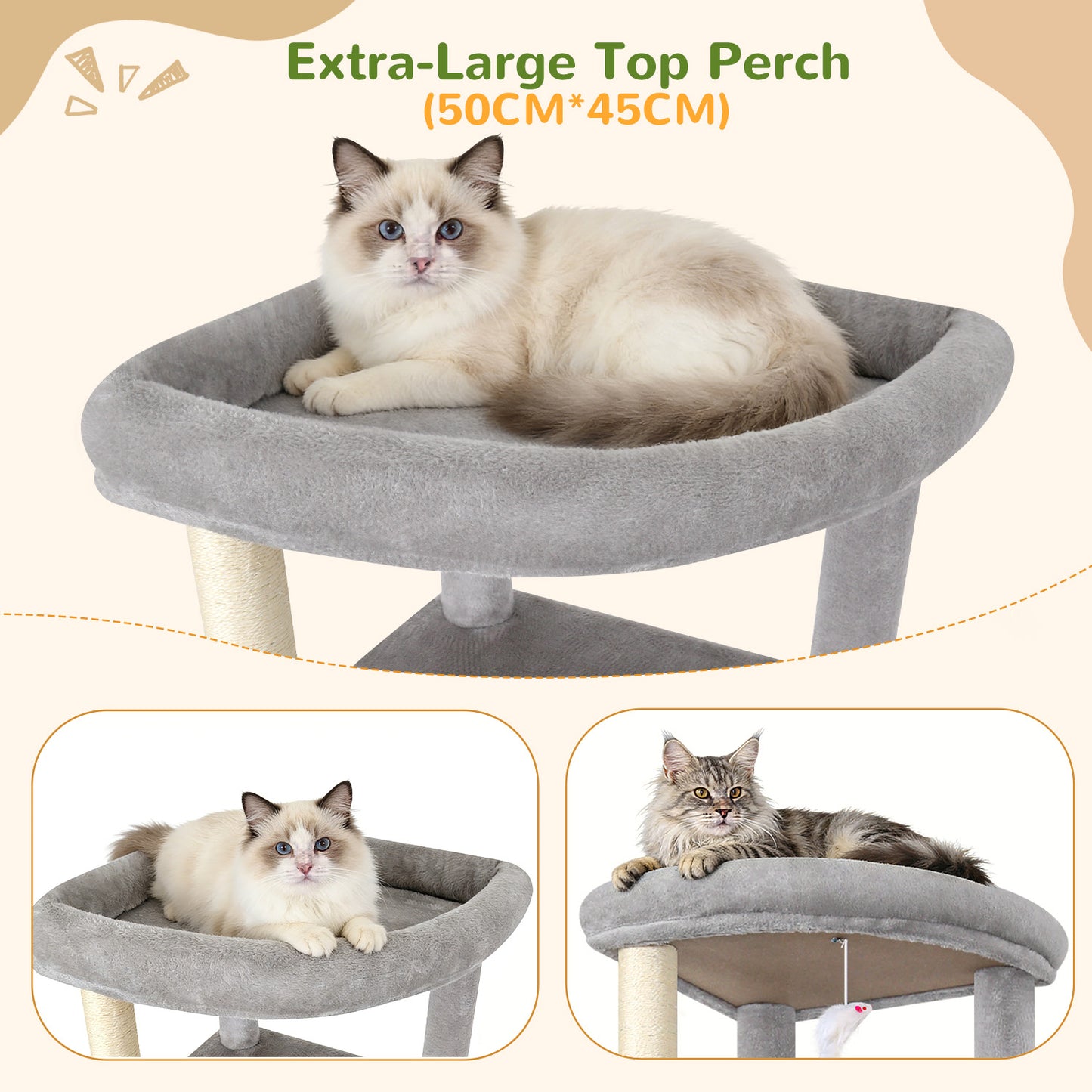 Globlazer Corner Cat Tree for Large Indoor Cats, 64in Space Saving Cat Tower with Enlarged Top Perch, 4 Scratching Posts, Multi-Level Cat Tree Tower with 2 Condos, 2 Hammocks, C64, Light Grey