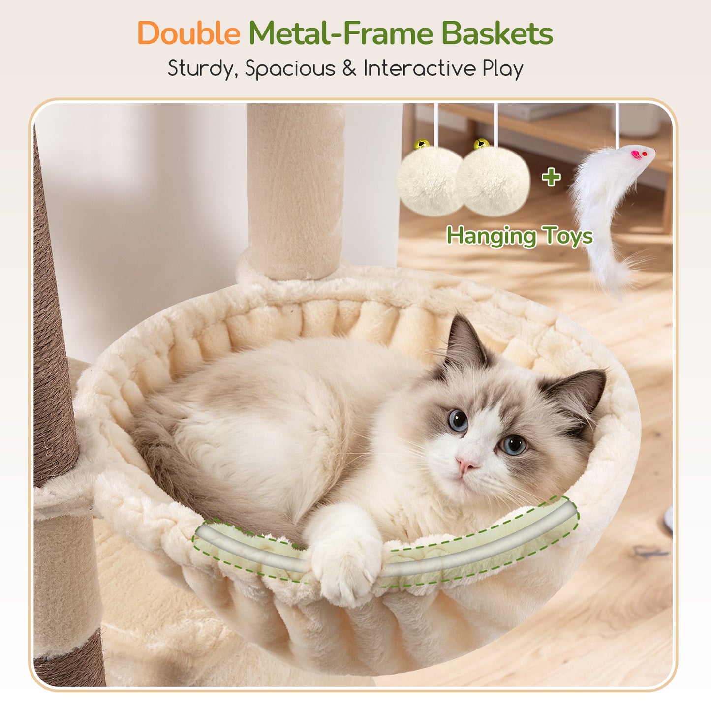 Globlazer Extra Tall Large Cat Tree, 84in Multi-Level Cat Climbing Tower for Indoor Cats Large Adult, Widened Condo with Scratch Board, 7 Scratching Posts, Padded Perch, Metal Basket, S84E, Beige