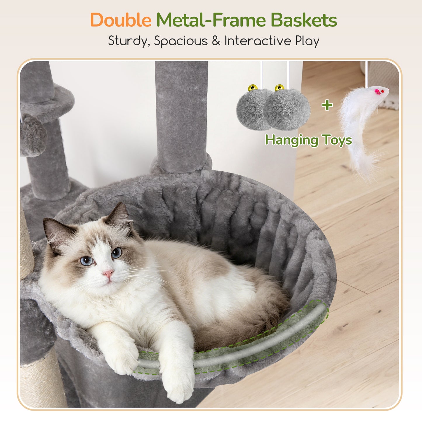 Globlazer Extra Tall Large Cat Tree, 84in Multi-Level Cat Climbing Tower for Indoor Cat Large Adult, Widened Condo with Scratch Board, 7 Scratching Posts, Padded Perch, Metal Basket, S84E, Light Grey