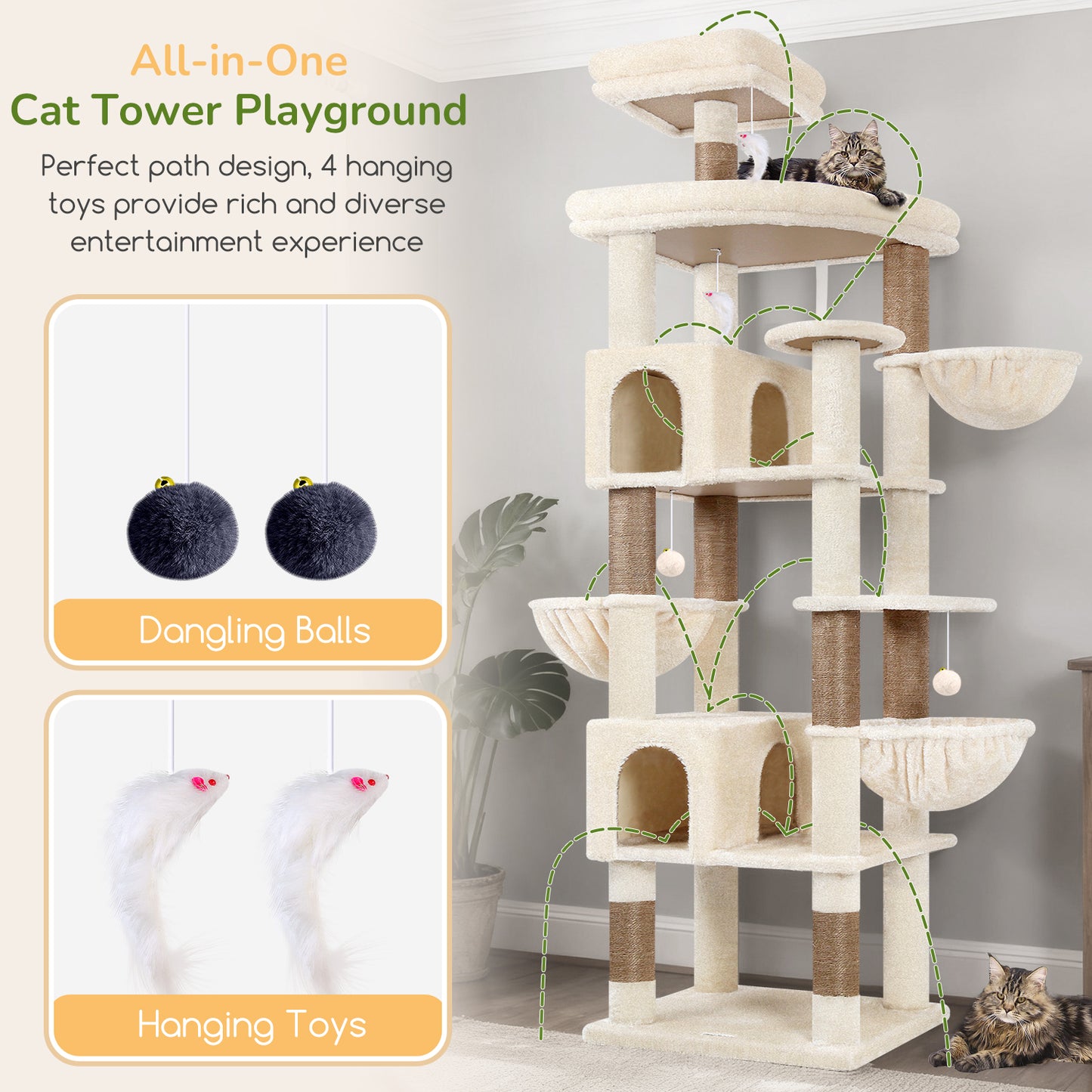 Globlazer Extra Large Cat Tree Tower, 82in Tall Heavy Duty Cat Tree for Indoor Cats Large Adult Big Cat Tower with 8 Scratching Posts, 2 Cat Condos, 2 Top Perches, 3 Hanging Baskets, S82, Beige