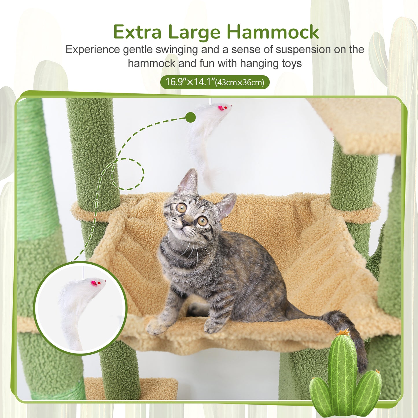 Globlazer Cactus Cat Tree Tower, 70inch Heavy Duty Cat Tree for Indoor Cats Sturdy Large Cat Tower with Scratching Post and Scratching Board, Hammock, Cat Condo for Adult Cats Kittens, F70 Pro, Green