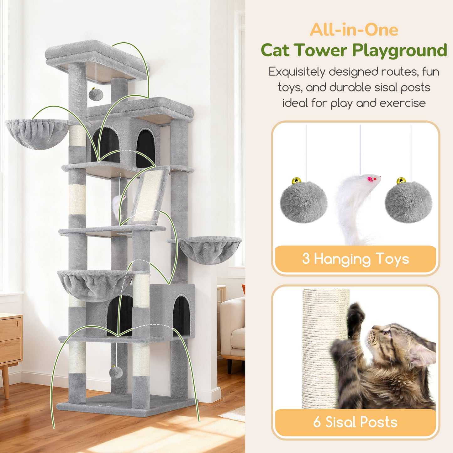 Globlazer Large Cat Tree Tower, 80inch XXL Tall Cat Tree for Multiple Indoor Cats Large Adult Kittens with Scratching Posts and Board, 3 Soft Baskets, 2 Plush Perches, 2 Cozy Condos, S80G, Light Grey