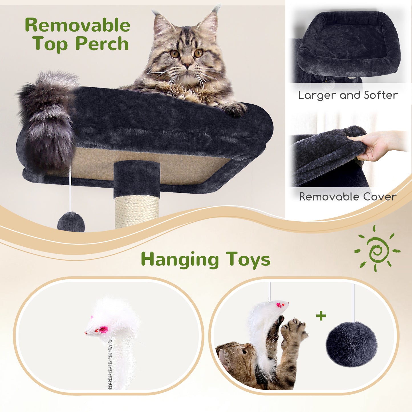 Globlazer Sturdy Cat Tree, 68-inch Large Cat Tower for Indoor Adult Cats 20 lbs Heavy Duty Cat Tree for Big Cats with Extra Large Platform, 5 Scratching Post, S68, Dark Grey