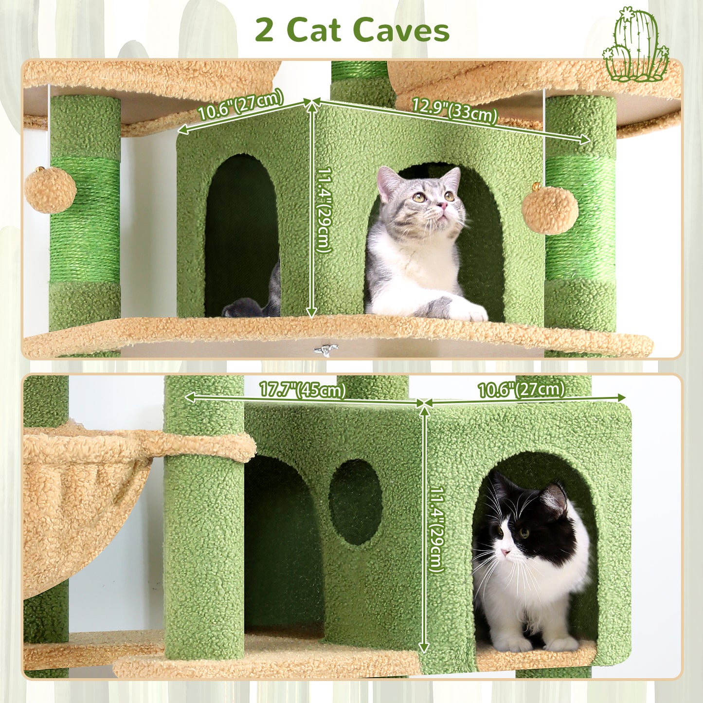 Globlazer Cactus Cat Trees and Towers for Multiple Adult Cats, 82-inch XXL Tall Cat Tree Tower for Indoor Cats with Scratching Post, 3 Perches, 2 Condos, 2 Hanging Baskets, F82, Green