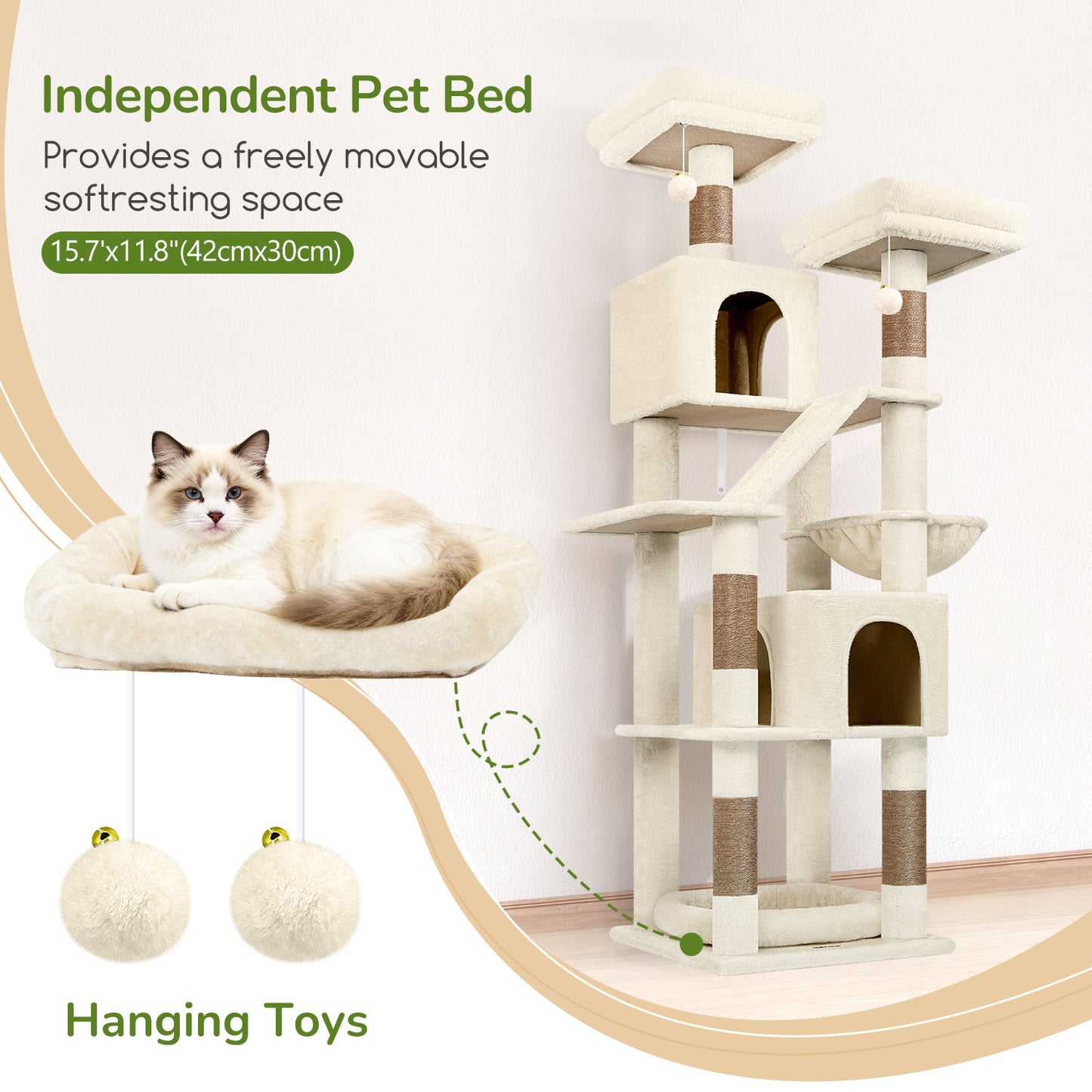 Globlazer 74in Heavy Duty Cat Tree for Large Indoor Cats, Multi-Level Cat Tower with 5 Sisal Scratching Posts, 2 Cozy Condos, Hammock, Top Perches, Climbing Ramp and Pet Bed, F74D, Beige