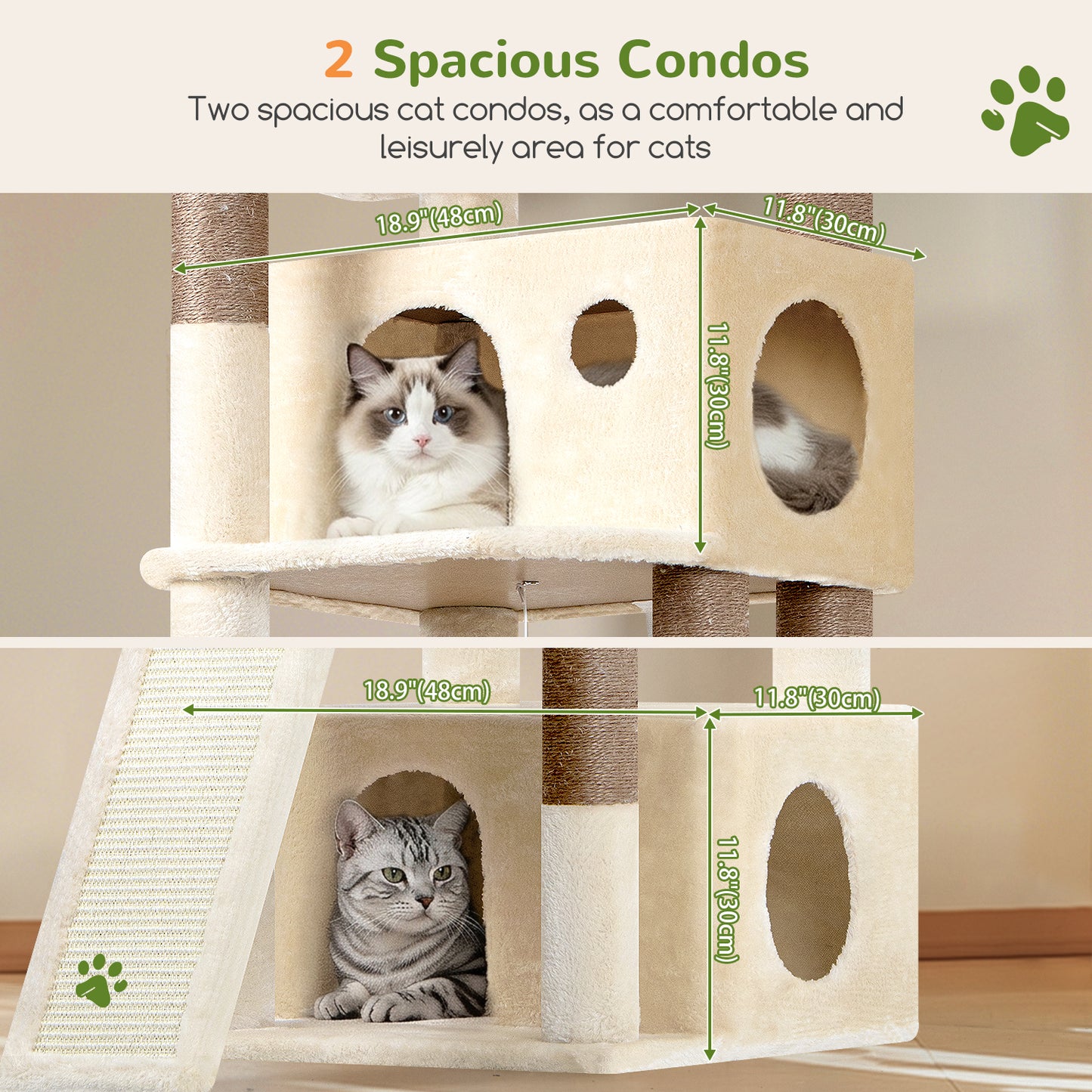 Globlazer Heavy Duty Cat Tree, 73inch Sturdy Cat Tower with Scratching Post for Indoor multiple Cats, Maine Coon Cat Tree with 3 Cat Perch, Basket, 2 Cat Condo for Adult Cats Kittens, F73C, Beige