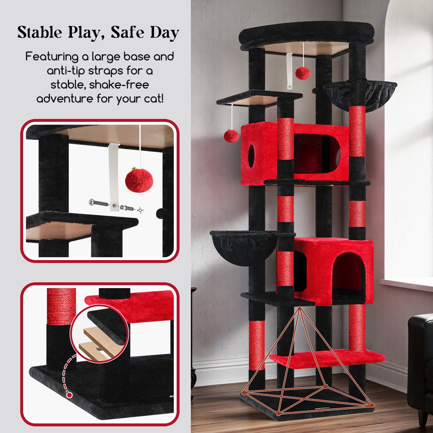Globlazer Gothic Heavy Duty Cat Tree, 74in Sturdy Goth Cat Tower for Large Cats Adult Big Cat Tree with 7 Scratching Posts, 2 Padded Spacious Condos, 2 Hanging Baskets, Enlarged Perch, S74, Red Black