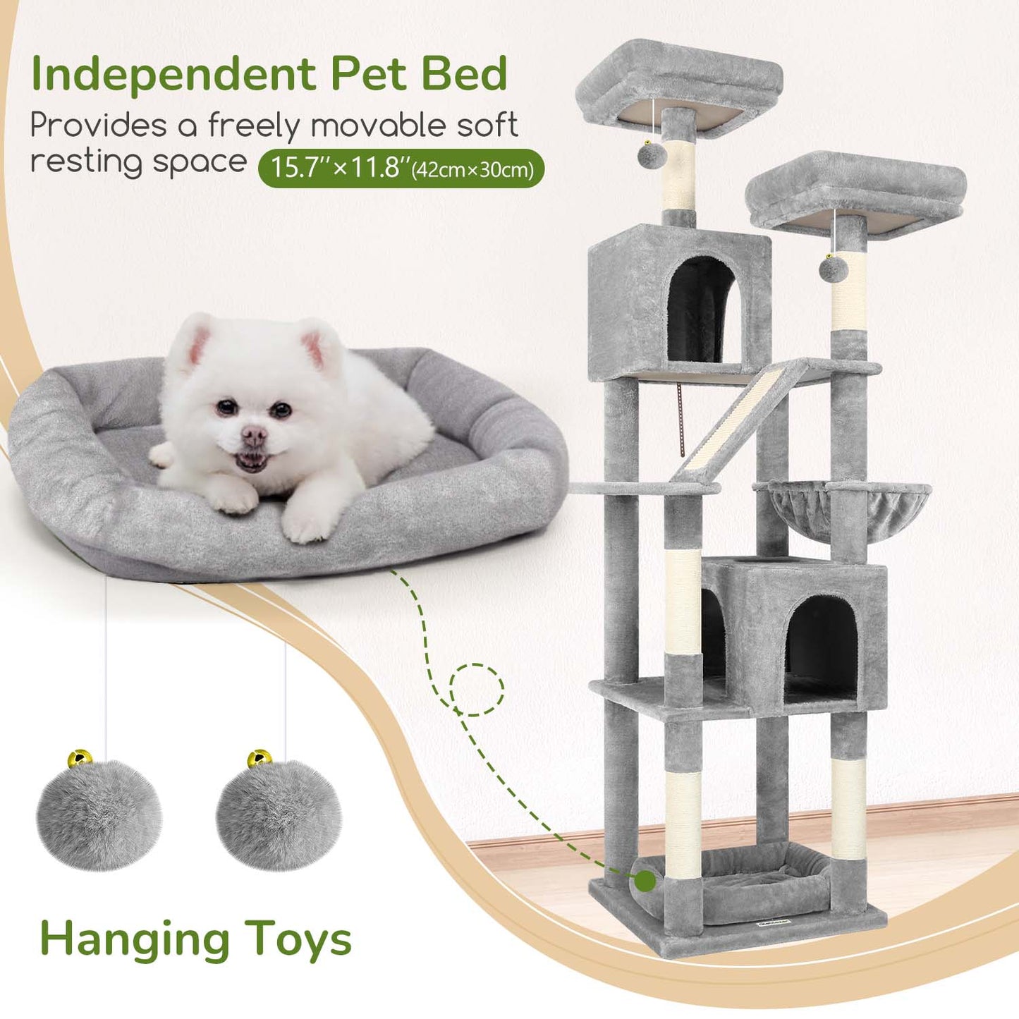 Globlazer 74in Heavy Duty Cat Tree for Large Indoor Cats, Multi-Level Cat Tower with 5 Sisal Scratching Posts, 2 Cozy Condos, Hammock, Top Perches, Climbing Ramp and Pet Bed, F74D, Light Grey