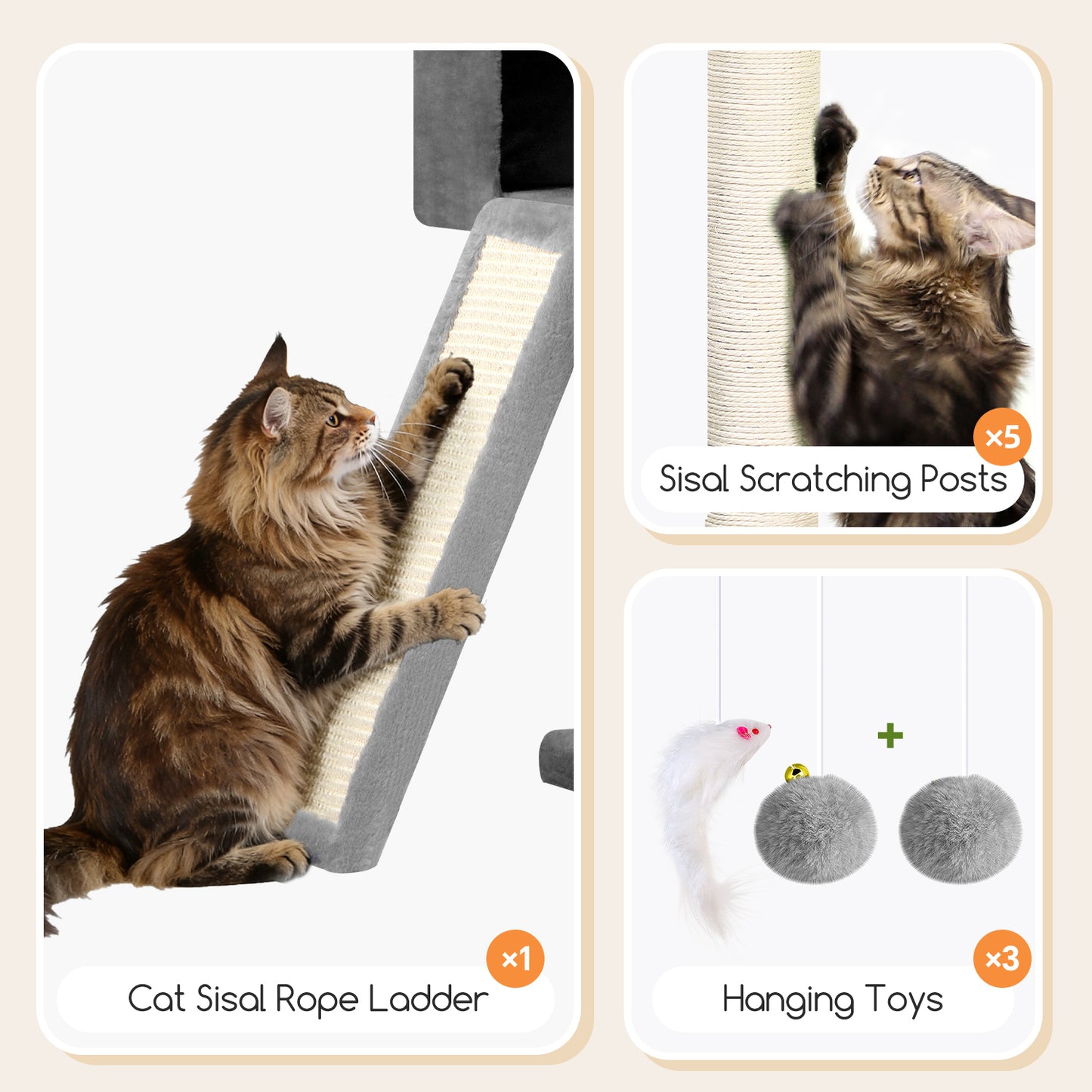 Globlazer Tall Cat Tower 77 inch Extra Large Cat Tree House for Indoor Cats Large Adults Kittens Cat Climbing Tower with 5 Scratching Posts, 2 Cat Condos, 2 Platforms, S77D, Light Grey