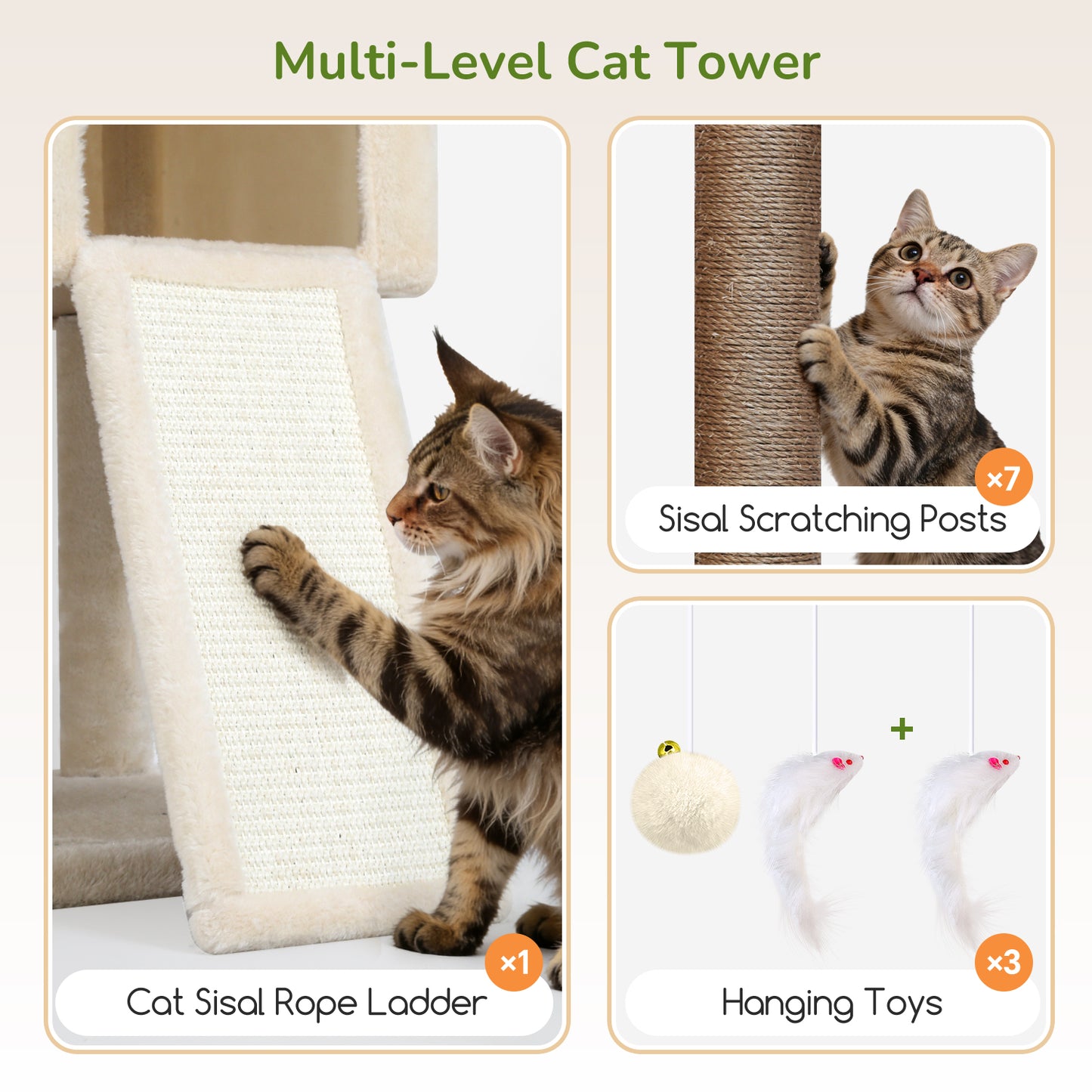 Globlazer Giant Cat Tree, 83 Inch Heavy Duty Tall Cat Tower with 7 Scratching Posts, Multi-Level Large Cat Condo for Indoor Cats Large Adult, 2 Perchs, 3 Sturdy Baskets, Cat Toys, F83C, Beige