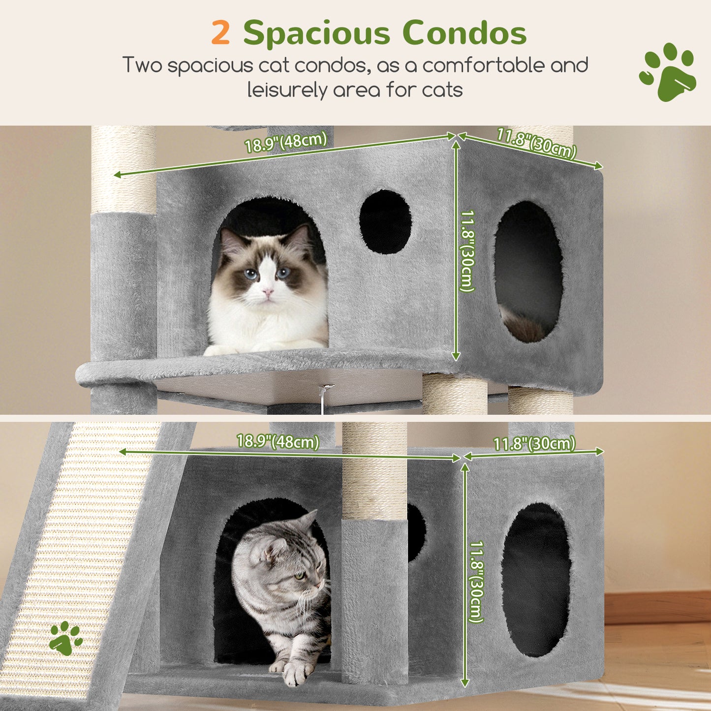 Globlazer Heavy Duty Cat Tree, 73inch Sturdy Cat Tower with Scratching Post for Indoor multiple Cats, Maine Coon Cat Tree with 3 Cat Perch, Basket, 2 Cat Condo for Adult Cats Kittens, F73C, Light Grey