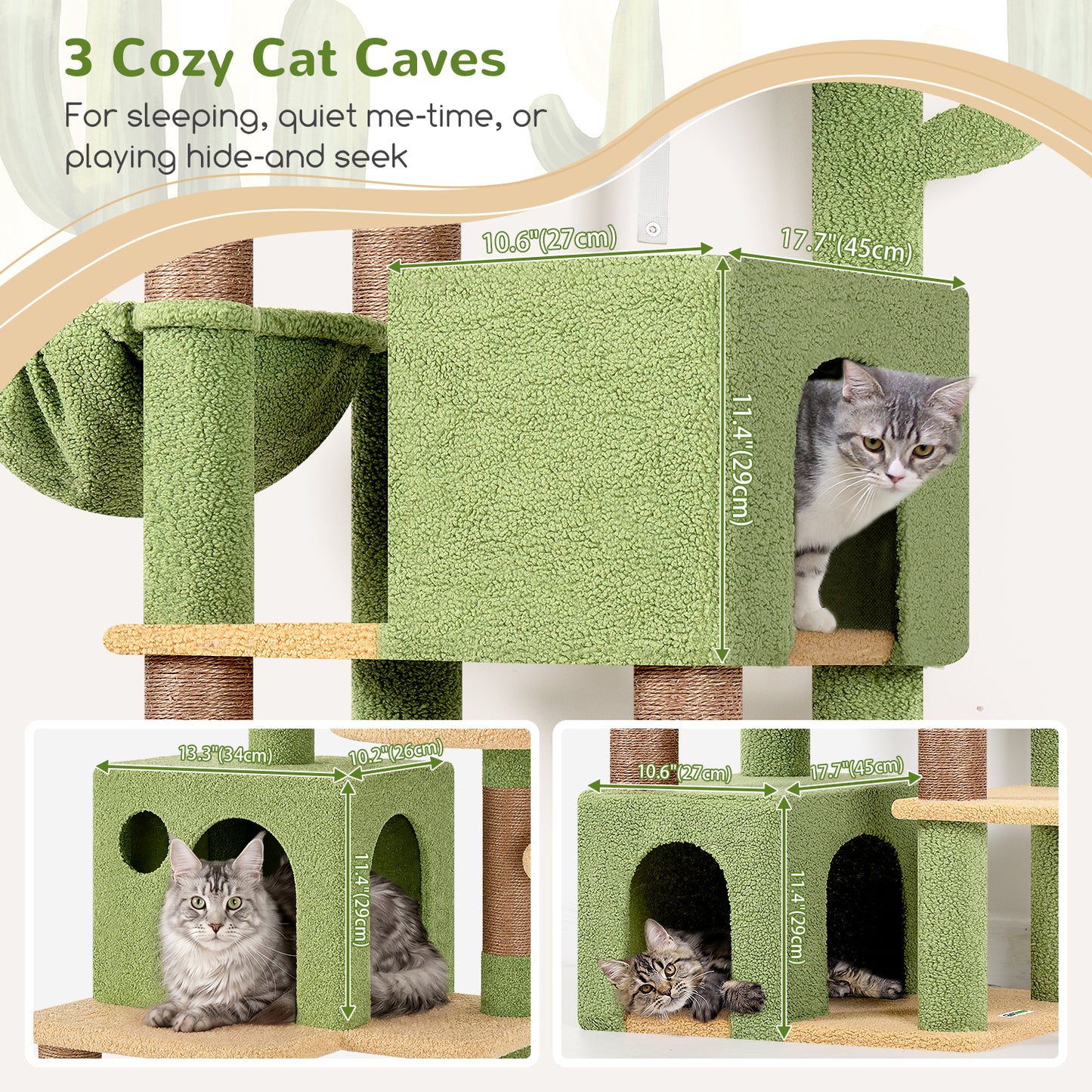 Globlazer Cactus Cat Tree Tall, 71 inches Cat Tower for Indoor Adult Cats Multi-Level 3 Condos for Indoor Cats XL Cat Tree Tower with Scratching Posts, Soft Extra Large Hanging Basket, F71, Green