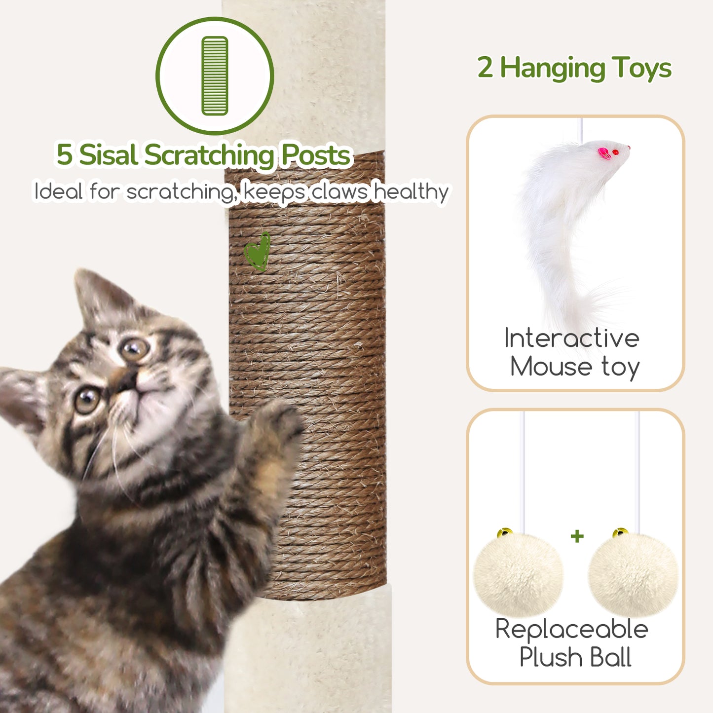 Globlazer Cat Tower for Indoor Cats, 52in Multi-Level Cat Tower with 5 Sisal Scratching Posts, Cat Tree Condo with 2 Padded Perches, 2 Cozy Condos, Big Hanging Basket, Hanging Toys, S52, Beige
