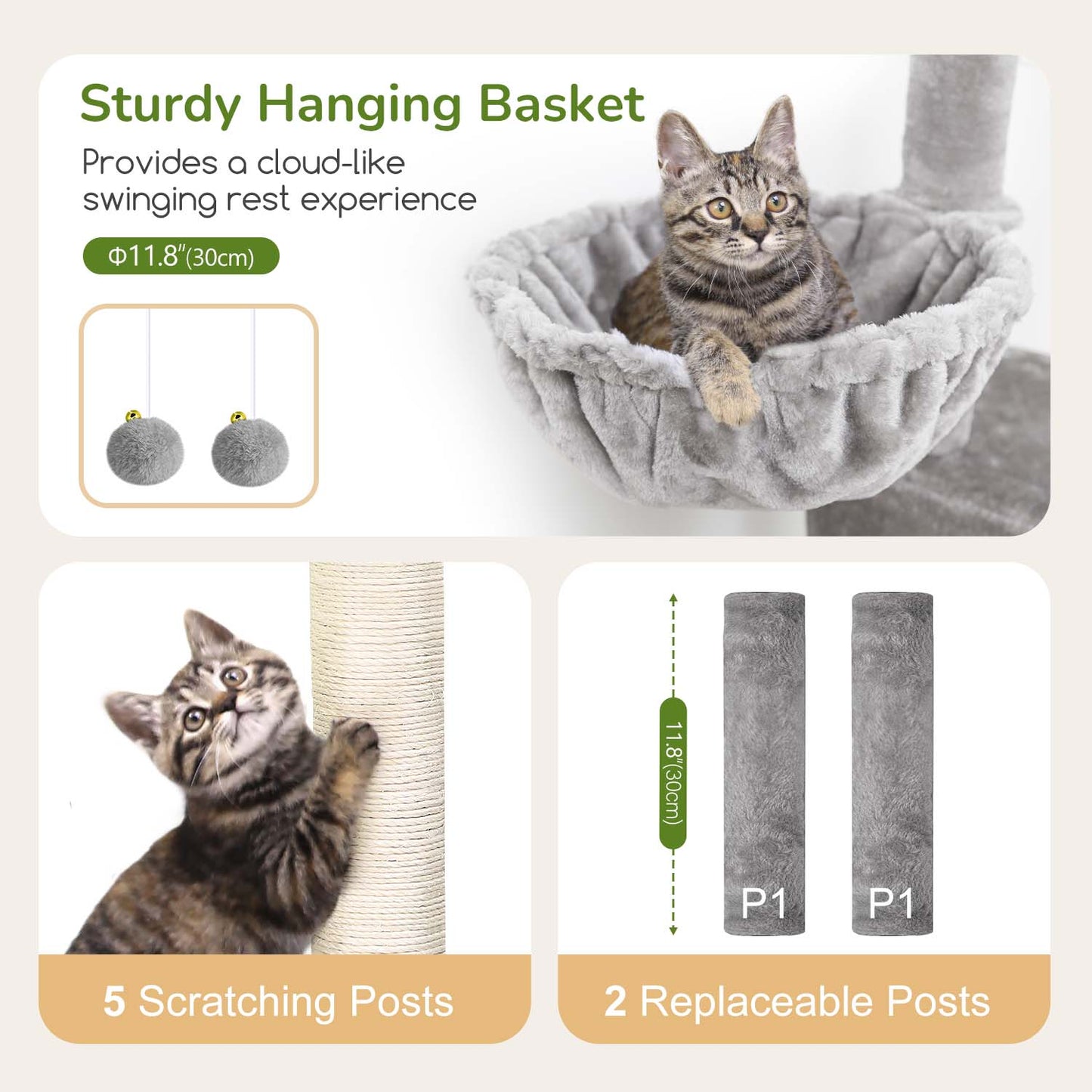 Globlazer Cat Tree Tower for Indoor Cats Large Adult, 70in Tall Cat Tree with 2 Spacious Cat Condos, 2 Top Perches and 5 Scratching Posts, Expandable Cat Tower, Use Alone or Combine, F70E, Light Gray