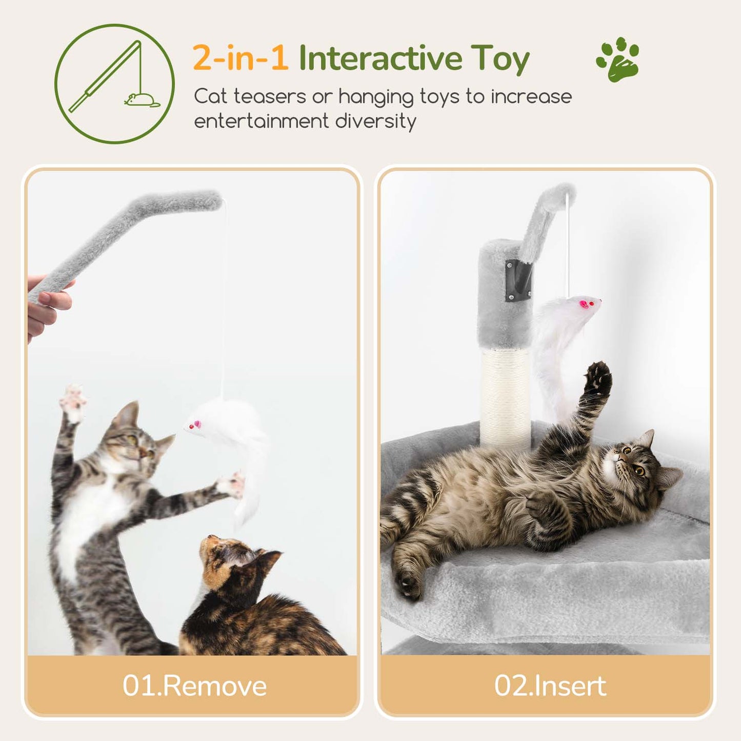 Globlazer Large Cat Tree Tower, Tall Cat Tree Condos for Indoor Cats Large Adult Cat Climbing Tower with 2 Spacious Caves, Oversized Top Perch, Big Hanging Basket, Cat Teaser Wand, F74B, Light Grey