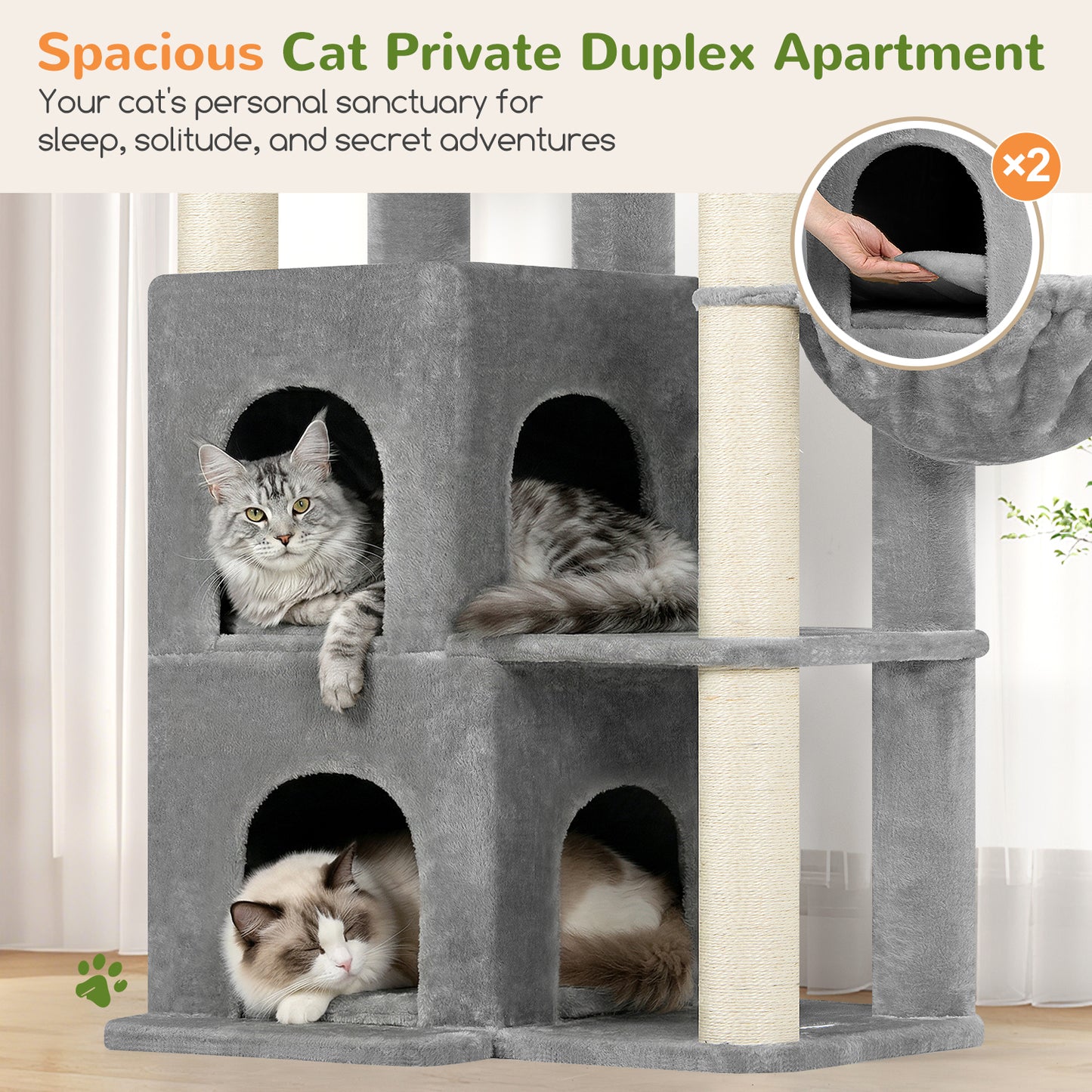 Globlazer Cat Tree Tower for Indoor Cats, 63 inch Sturdy Adult Cat Tree House for Large Adult Cats with 2 Platform, 6 Cat Scratching Post, 2 Cat Caves, Dangling Toys, S63, Light Grey