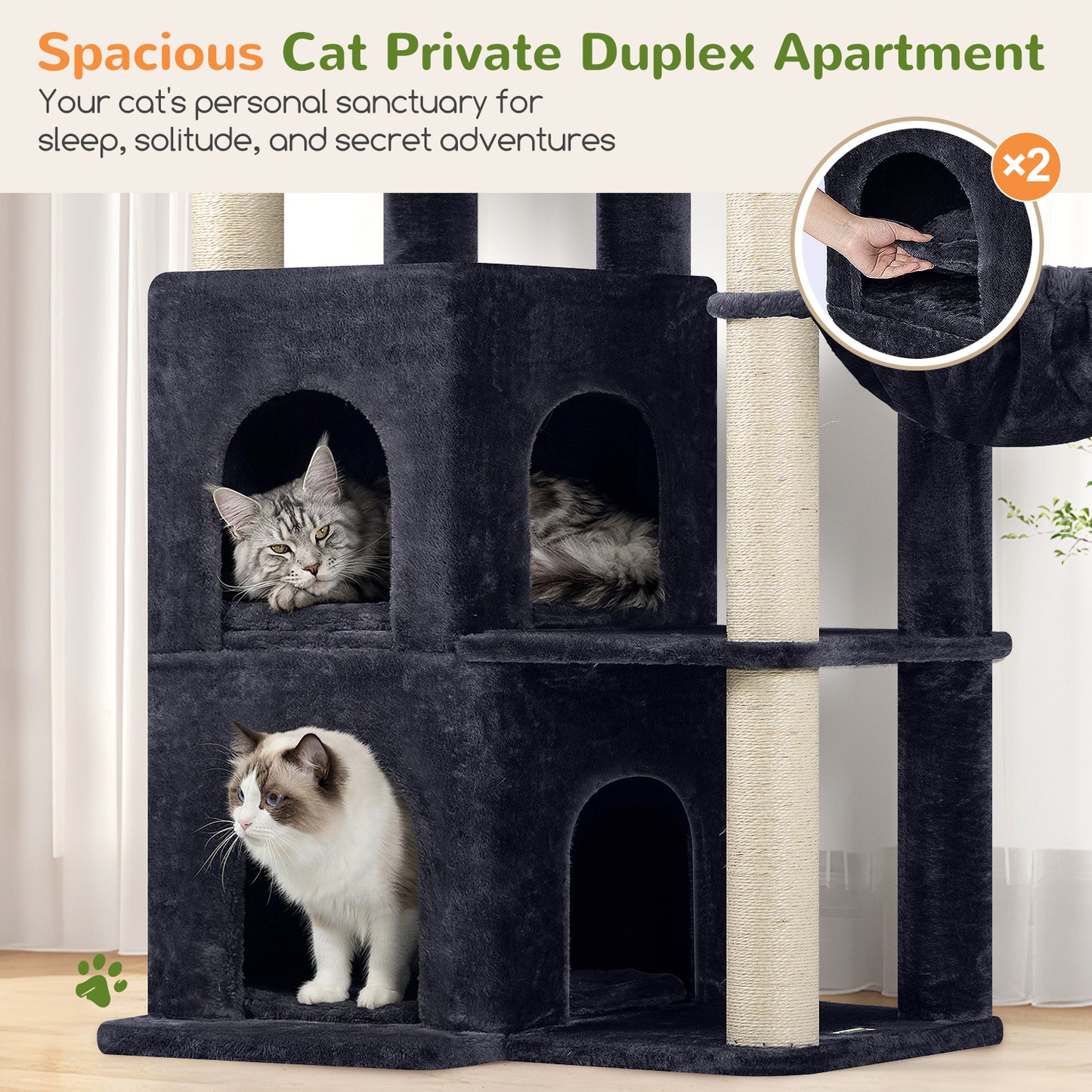 Globlazer Cat Tree Tower for Indoor Cats, 63 inch Sturdy Adult Cat Tree House for Large Adult Cats with 2 Platform, 6 Cat Scratching Post, 2 Cat Caves, Dangling Toys, S63, Dark Grey