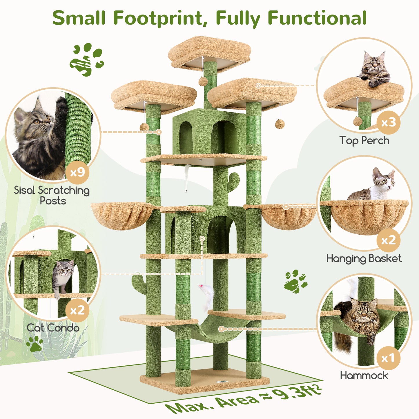 Globlazer Big Cactus Cat Tower for Indoor Cats, 80inch Cat Tower for Multiple Adult Cats XXL Cat Tree with Scratching Post, Hammock, 3 Perches, 2 Condos, 2 Hanging Basket, F80, Green