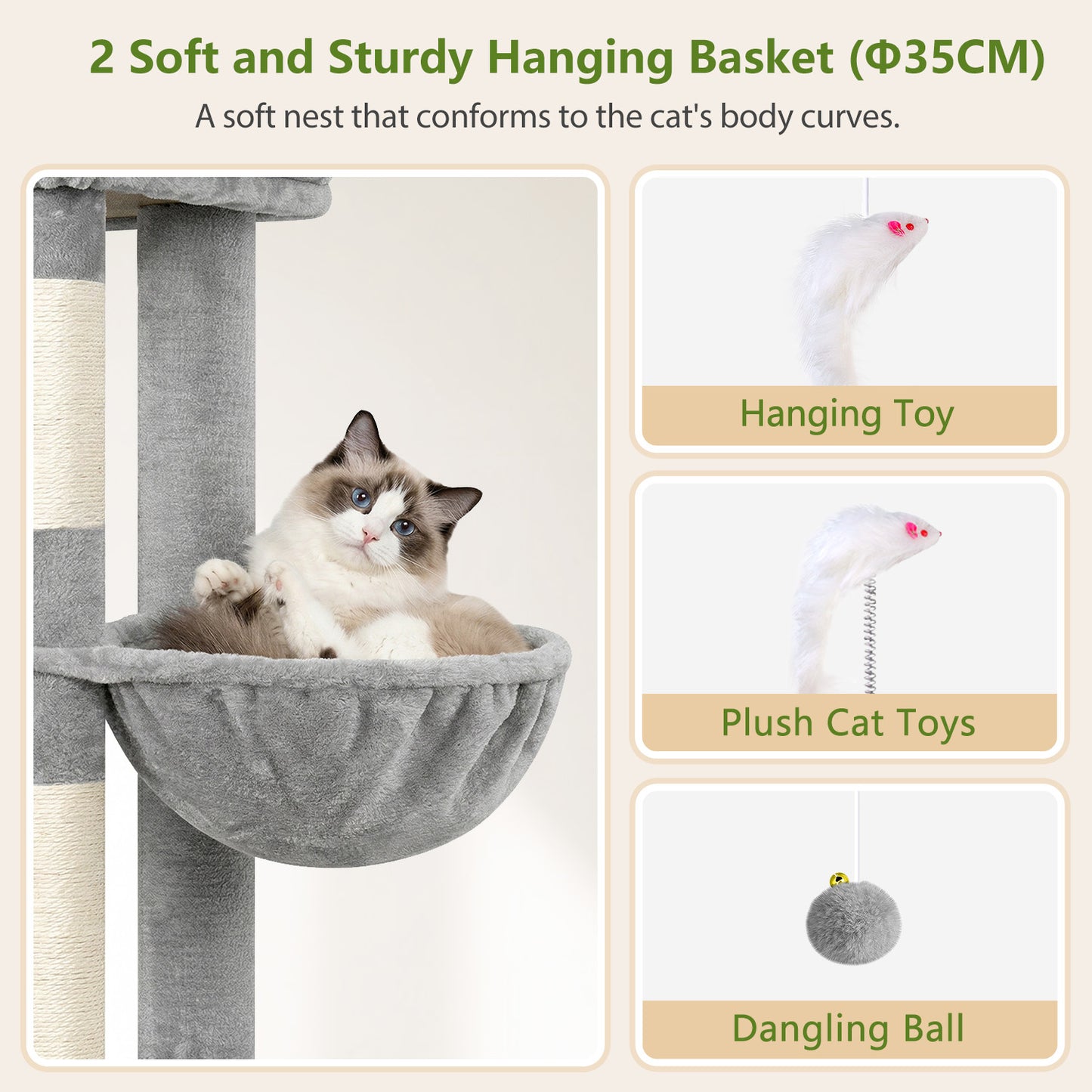 Globlazer 72" Heavy Duty Cat Tree for Large Adult Cats, Multi-Level Cat Tower with 2 Cat Condo, 2 Perchs, 6 Scratching Posts, Sisal Scratching Board, Multiple Cats, Resting Play, S72E, Light Grey