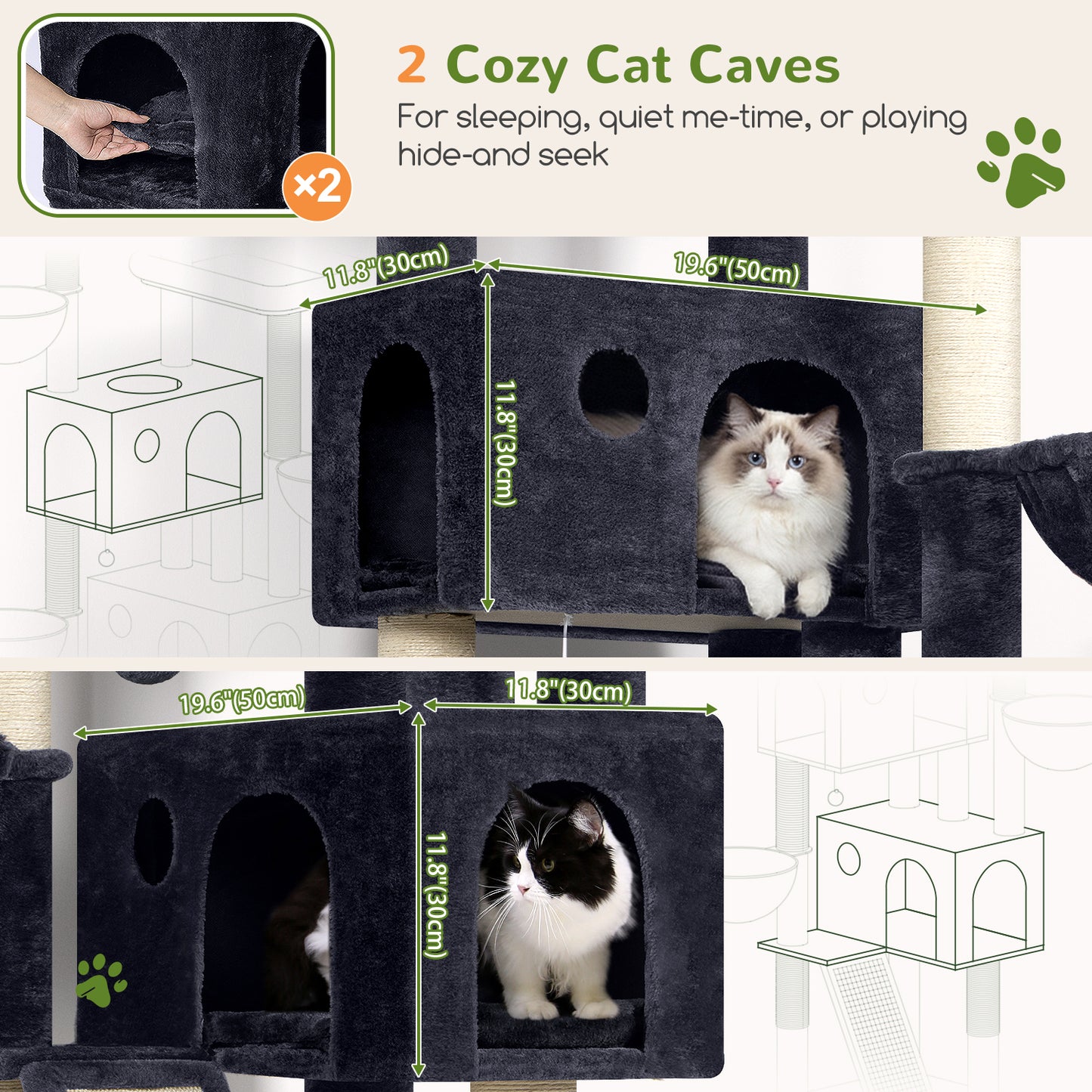 Globlazer Large Cat Tree, 72 inch Tall Cat Climbing Tower for Indoor Large Adult Cats Multi-Level Furniture Tree House with 2 Cozy Perches, 2 Padded Condos, 5 Sisal Scratching Posts, F72G, Dark Grey