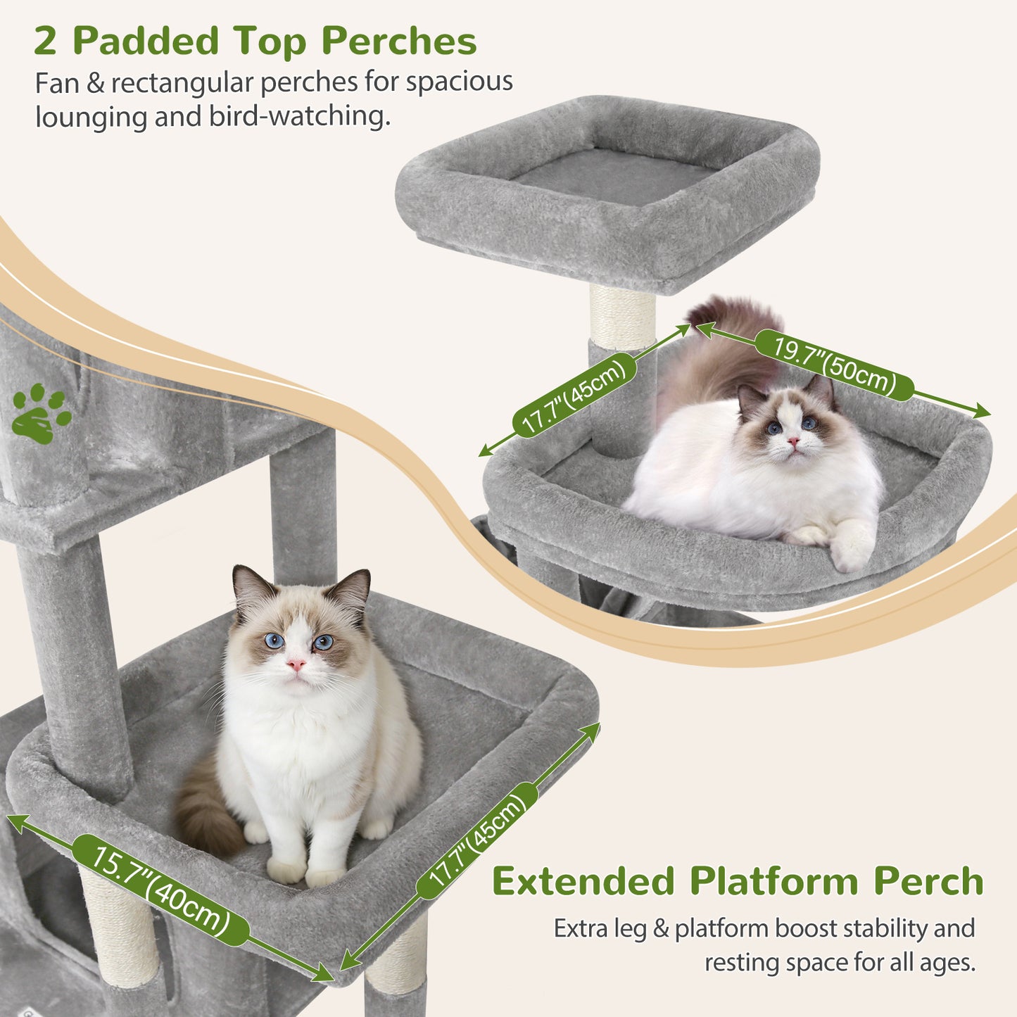 Globlazer 75in Sturdy Cat Tree for Large Cats, Heavy Duty Multi-Level Cat Tower for Indoor Cats with Extended Platform, 2 Spacious Condos, 2 Padded Perches, 6 Sisal Scratching Posts, S75, Light Grey