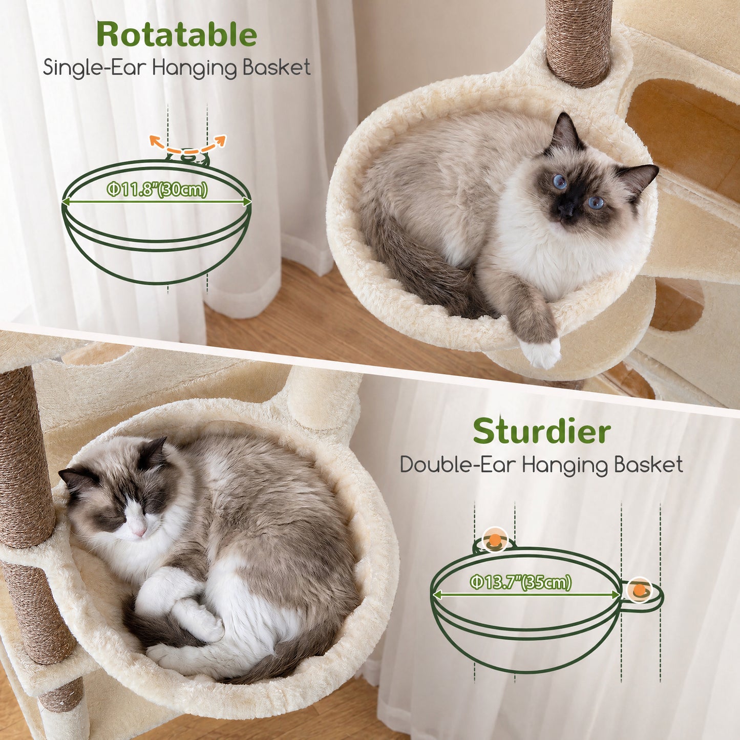 Globlazer 74in Tall Cat Tree for Indoor Cats Large Adult, Sturdy Heavy Duty Cat Tree Tower with 7 Scratching Posts for Multiple Cats, 2 Spacious Condos, 2 Hanging Baskets, S74G, Beige