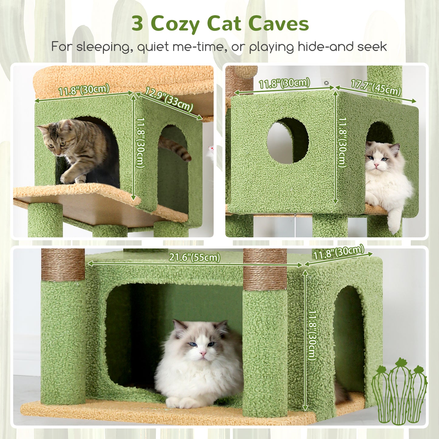 Globlazer Large Cat Tree 80 inch Multi-Level Cactus Climbing Tower Kitty Condos Cat Scratching Tower for Indoor Multiple Adult Cats with Large Platform, 3 Cat Caves, 3 Hanging Baskets, F80F, Green