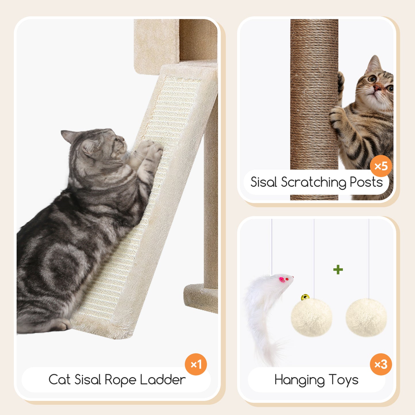 Globlazer Tall Cat Tower 77 inch Extra Large Cat Tree House for Indoor Cats Large Adults Kittens Cat Climbing Tower with 5 Scratching Posts, 2 Cat Condos, 2 Platforms, S77D, Beige