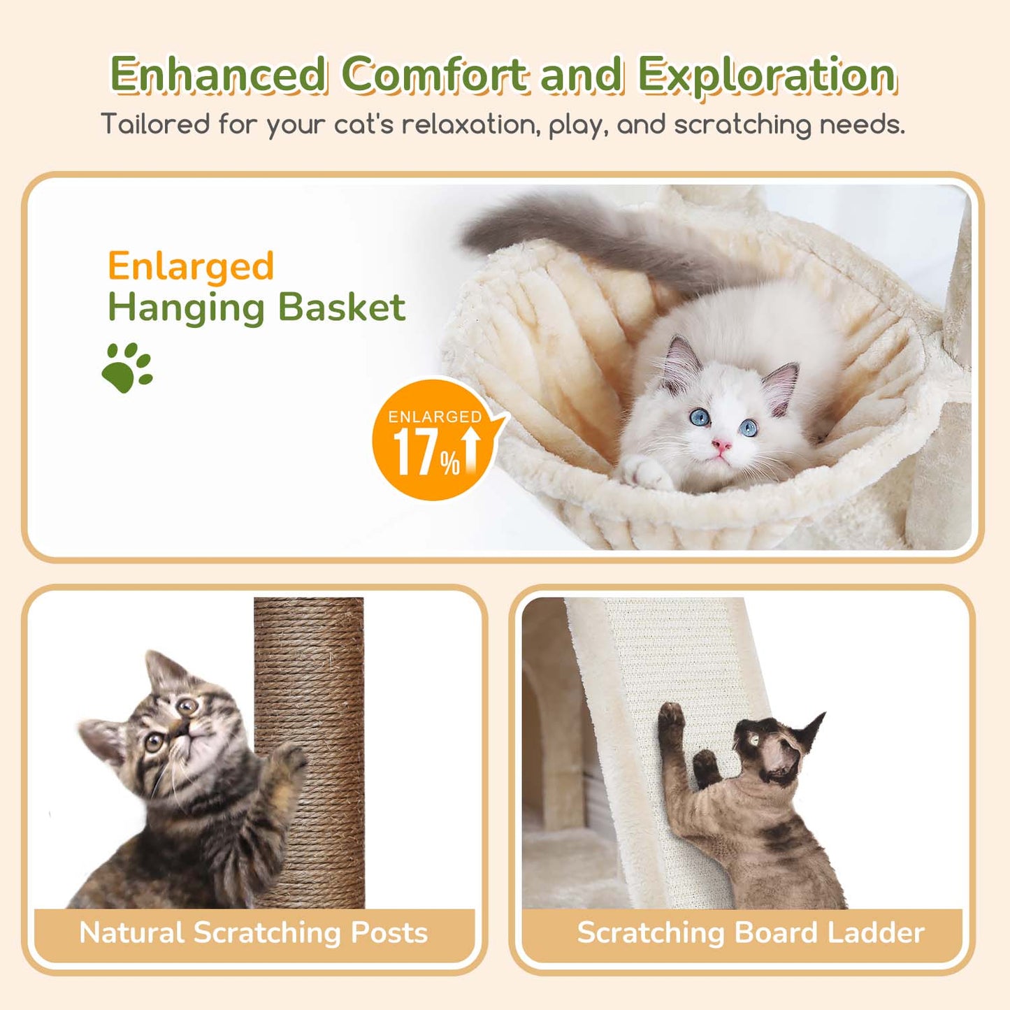 Globlazer Cat Tree Tower for Indoor Cats, 52in Multi-Level Heavy Duty Cat Tower with 4 Scratching Posts, Ladder, Sturdy Cat Tree with 3 Cat Condos for Adult Cats Kittens, Hanging Basket, F52B, Beige