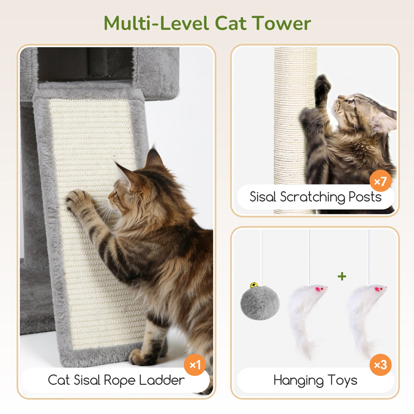 Globlazer Giant Cat Tree, 83 Inch Heavy Duty Tall Cat Tower with 7 Scratching Posts, Multi-Level Large Cat Condo for Indoor Cats Large Adult , 2 Perchs, 3 sturdy Baskets, Cat Toys, F83C, Light Grey
