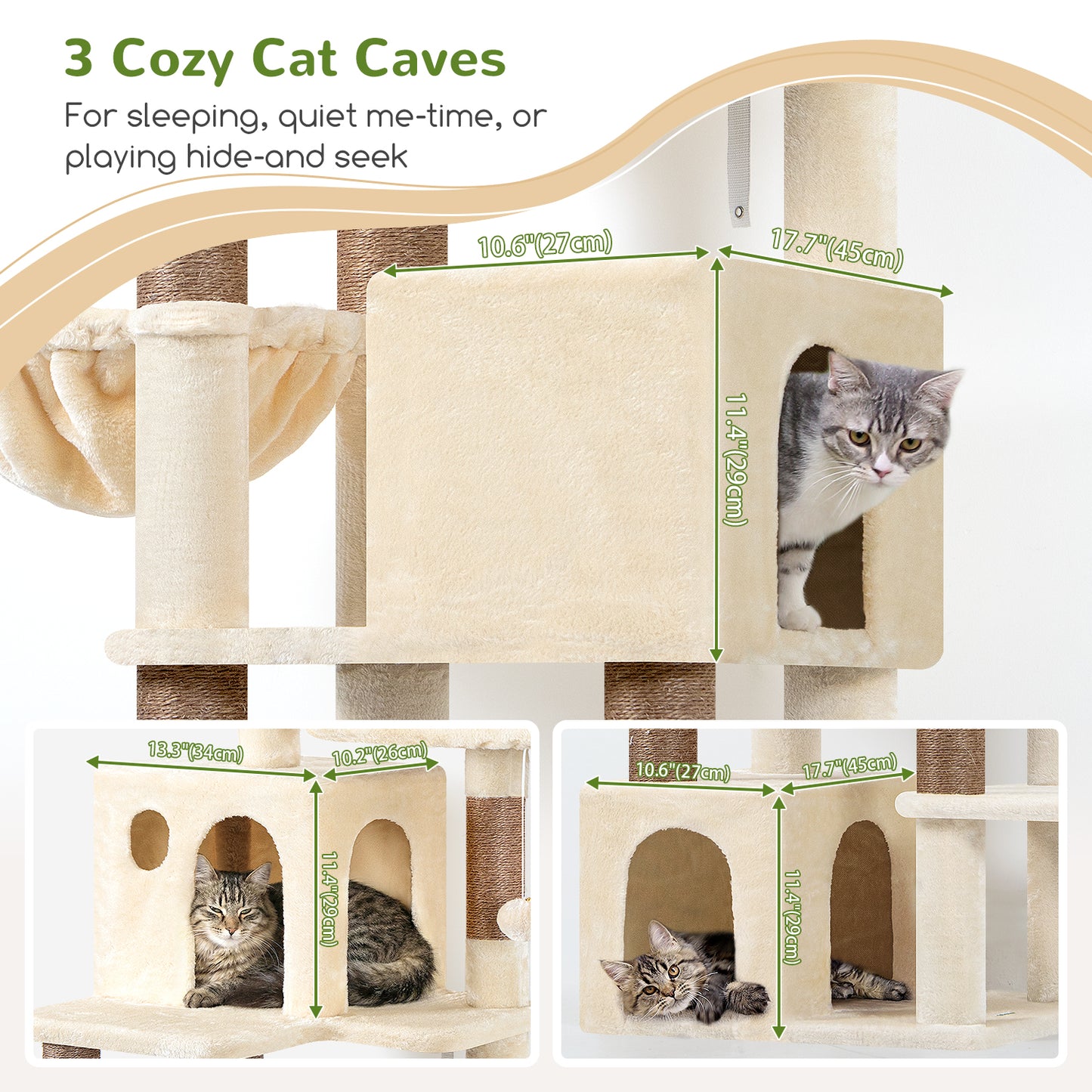 Globlazer Cat Tree Tall, 71 inches Cat Tower for Indoor Adult Cats Multi-Level 3 Condos for Indoor Cats XL Cat Tree Tower with Scratching Posts, Soft Extra Large Hanging Basket, F71, Beige