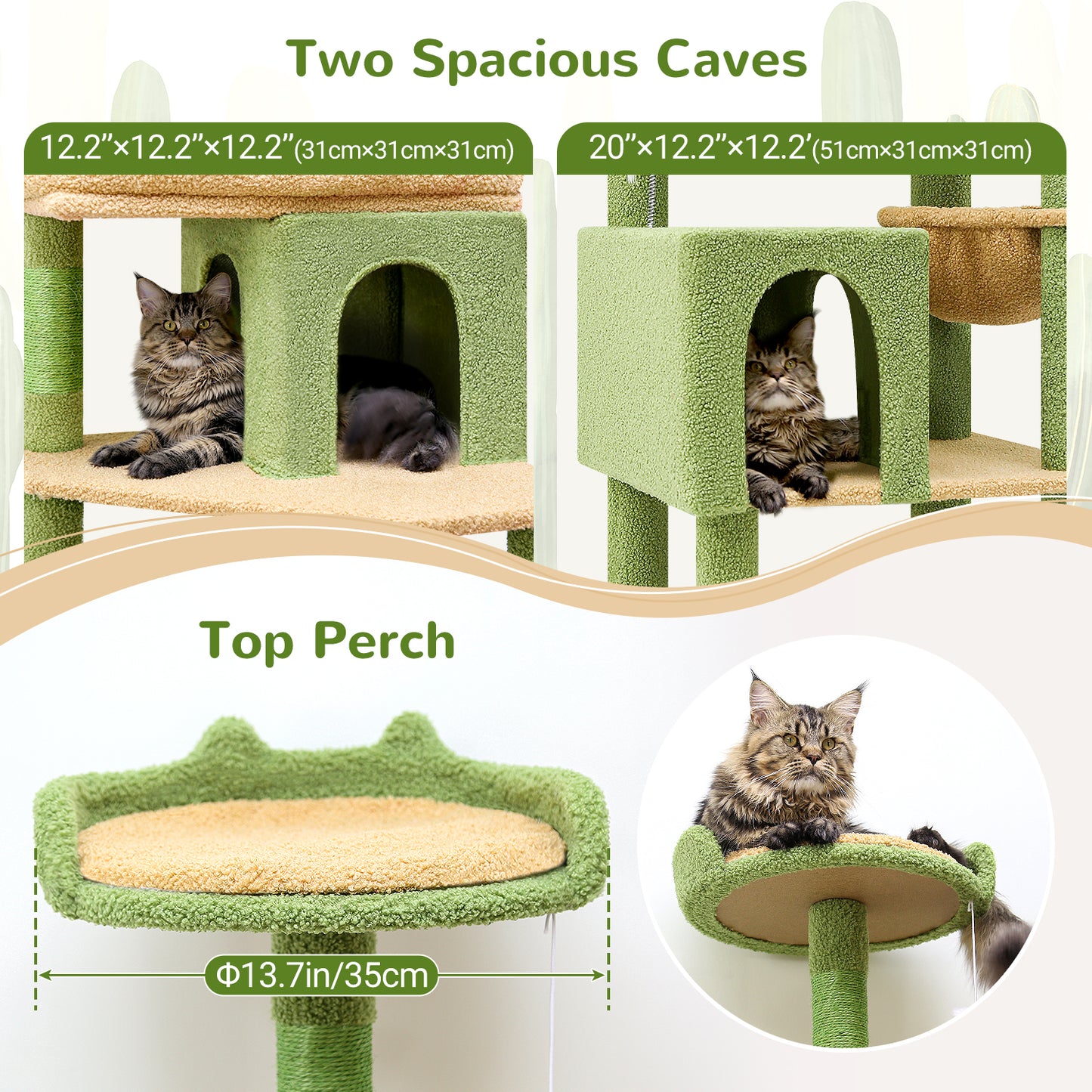 Globlazer Heavy Duty Cactus Cat Trees for Large Cats, Sturdy 72in Maine Coon Cat Tree for Large Cats 20 lbs+ Heavy Duty Cat Tower for Adult Biggest Cat with 6 Scratching Posts, Hammock, S72, Green