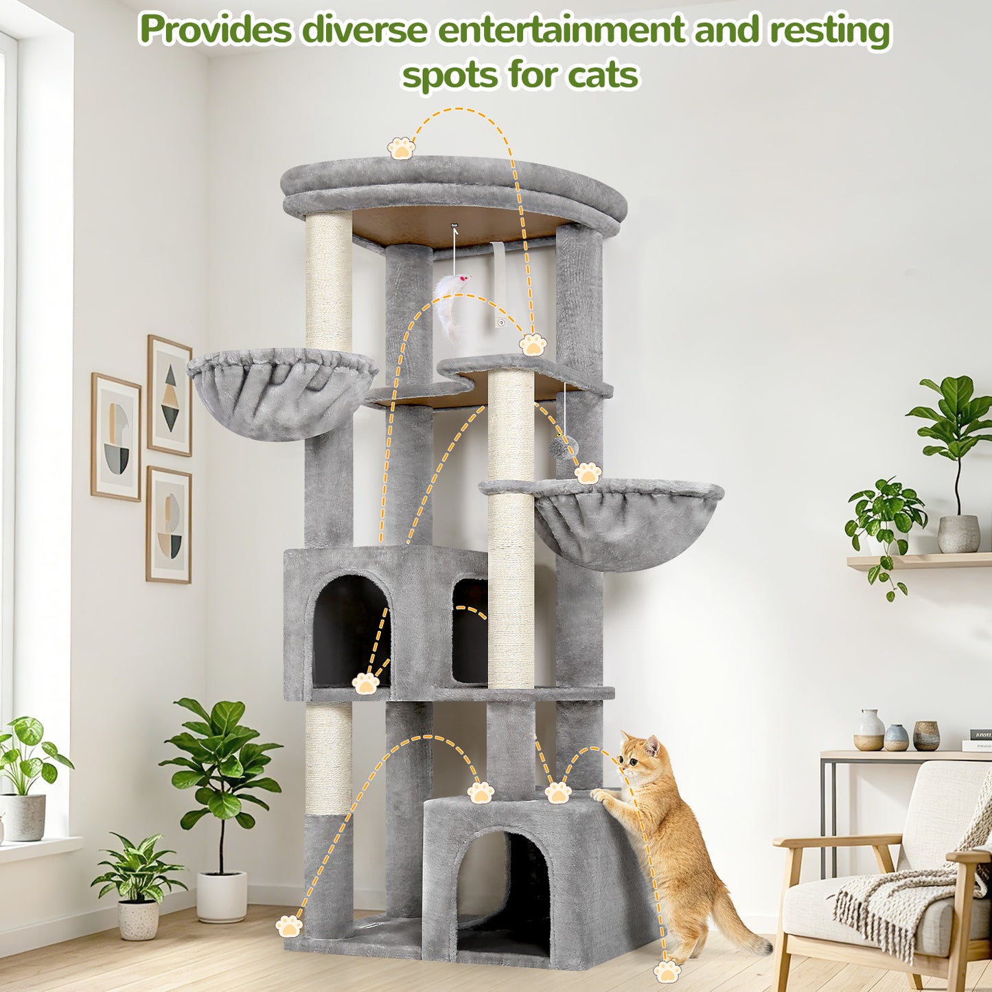 Globlazer Corner Cat Tree for Large Indoor Cats, 64in Space Saving Cat Tower with Enlarged Top Perch, 4 Scratching Posts, Multi-Level Cat Tree Tower with 2 Condos, 2 Hammocks, C64, Light Grey