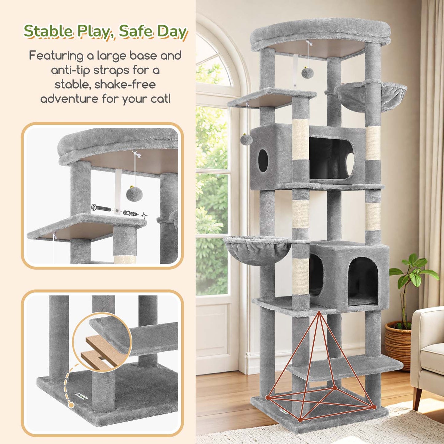 Globlazer Extra Large Cat Tree Tower for Indoor Cats, 74inch Tall Cat Tree Tower for Large Cats Adult with 5 Scratching Posts, 2 Spacious Condos, 2 Big Hanging Baskets, Enlarged Perch, S74, Light Grey