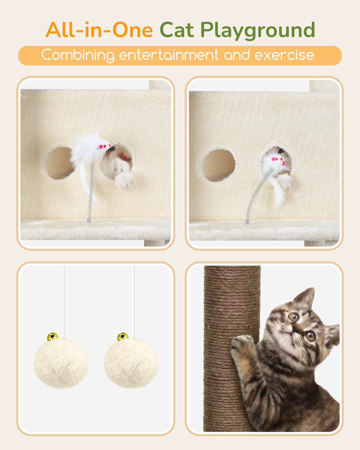 Globlazer Heavy Duty Cat Tree Tower 80in Tall Extra Large Cat Tree Tower for Multiple Indoor Cats Large Adult with Scratching Posts, 2 Spacious Condos, Padded Perches, Soft Hammock, S80B, Beige