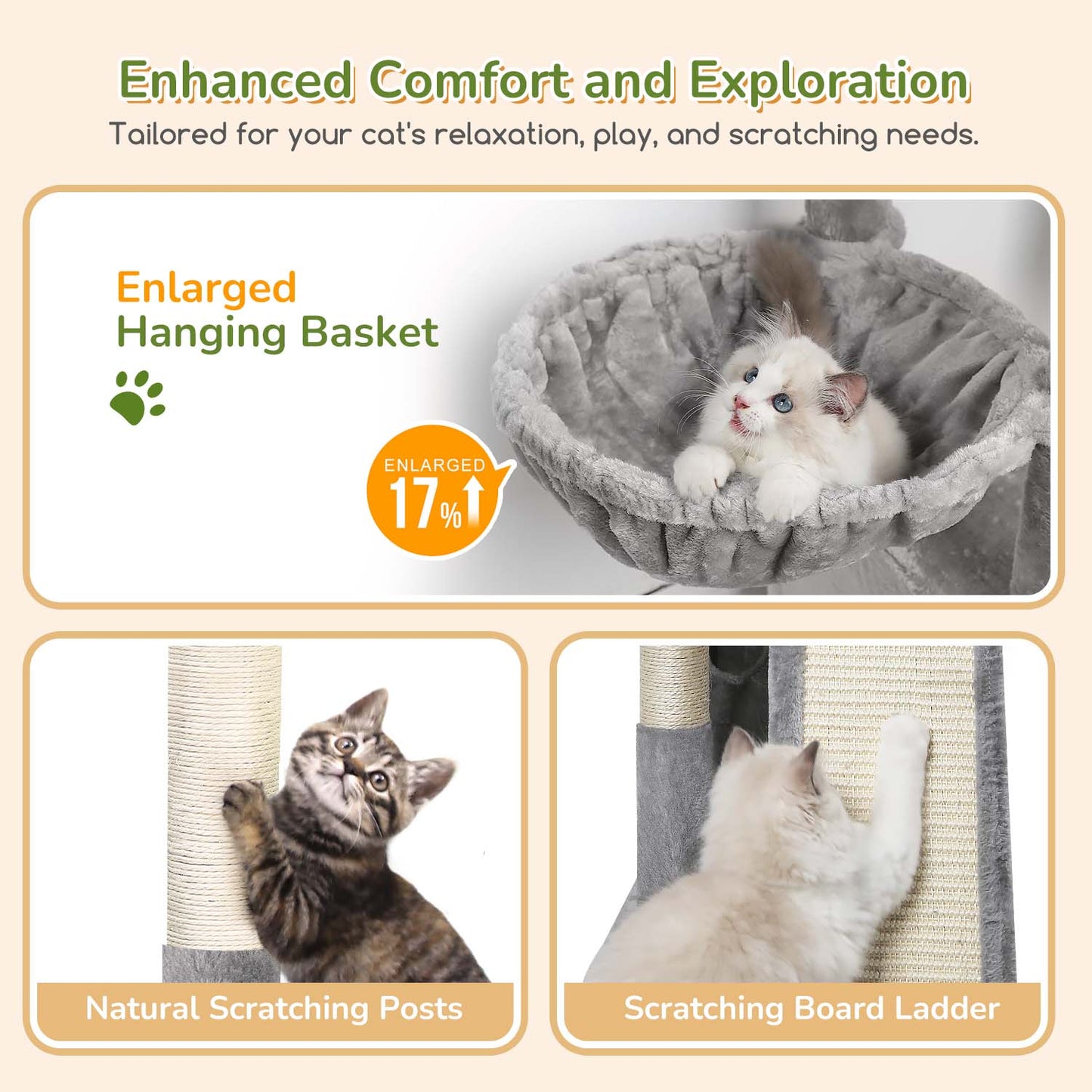 Globlazer Cat Tower for Indoor Cats, 52in Multi-Level Heavy Duty Cat Tower with 4 Scratching Posts, Ladder, Sturdy Cat Tree with 3 Cat Condos for Adult Cats Kittens, Hanging Basket, F52B, Light Grey